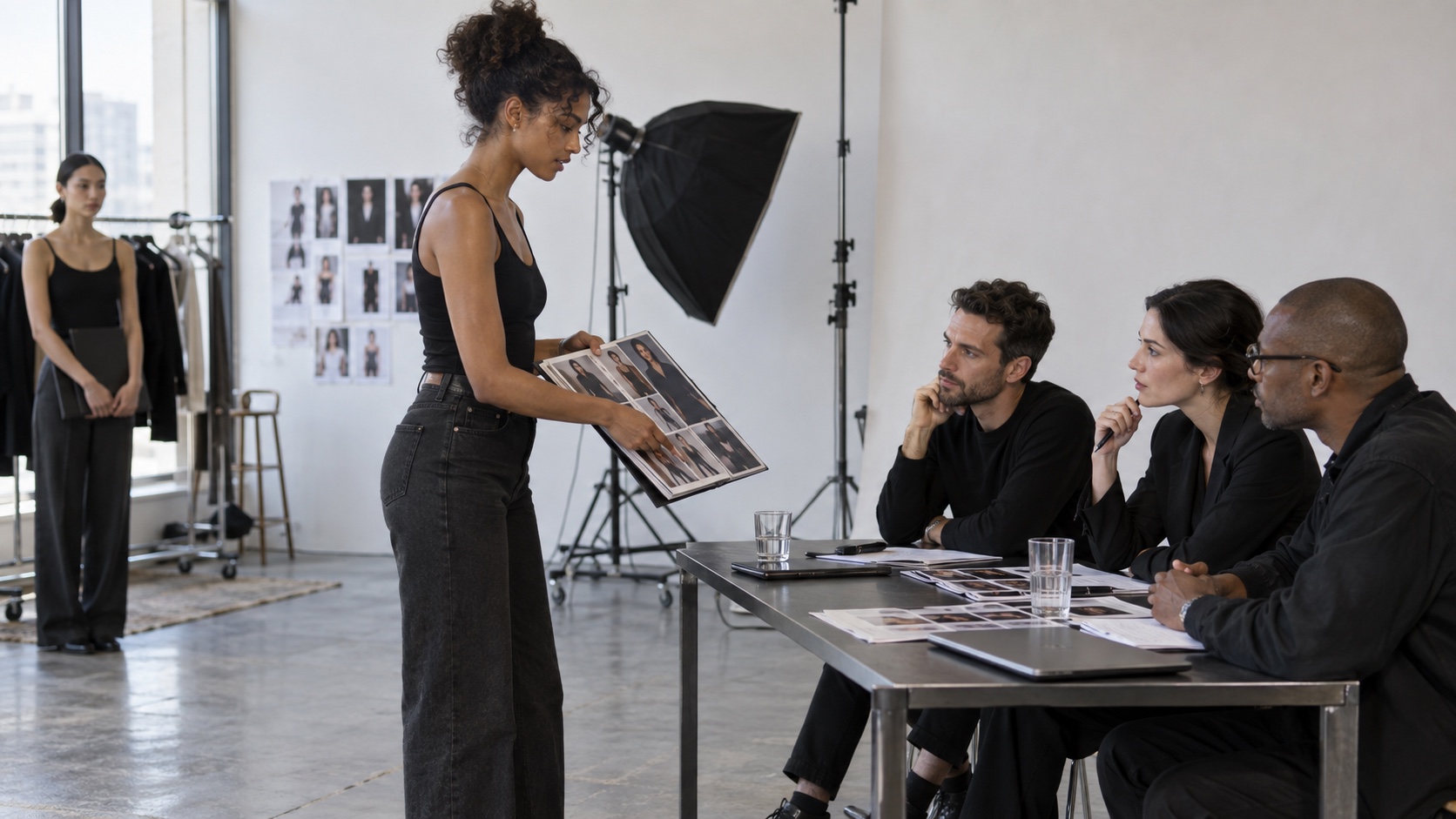 Adult model presenting a portfolio to a small casting team in a daylight studio.