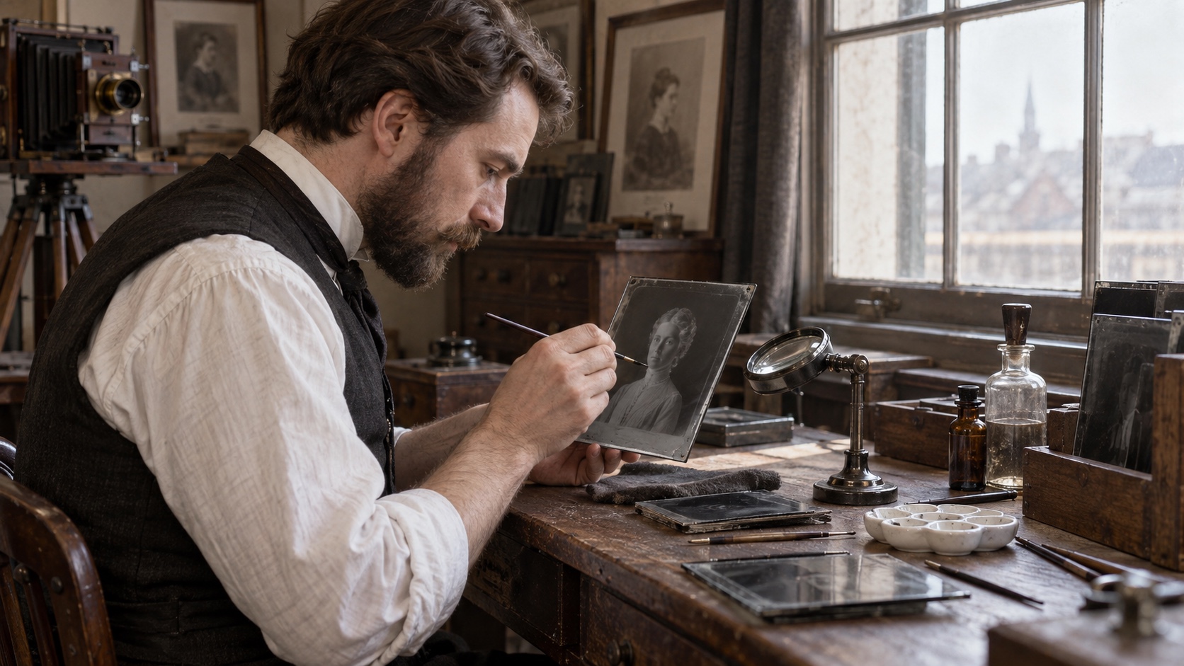 Nineteenth-century photography studio worker retouching a glass negative by hand near a window.