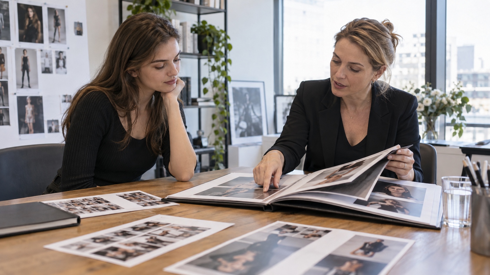Young adult model reviewing a portfolio with an agency representative in a professional office.