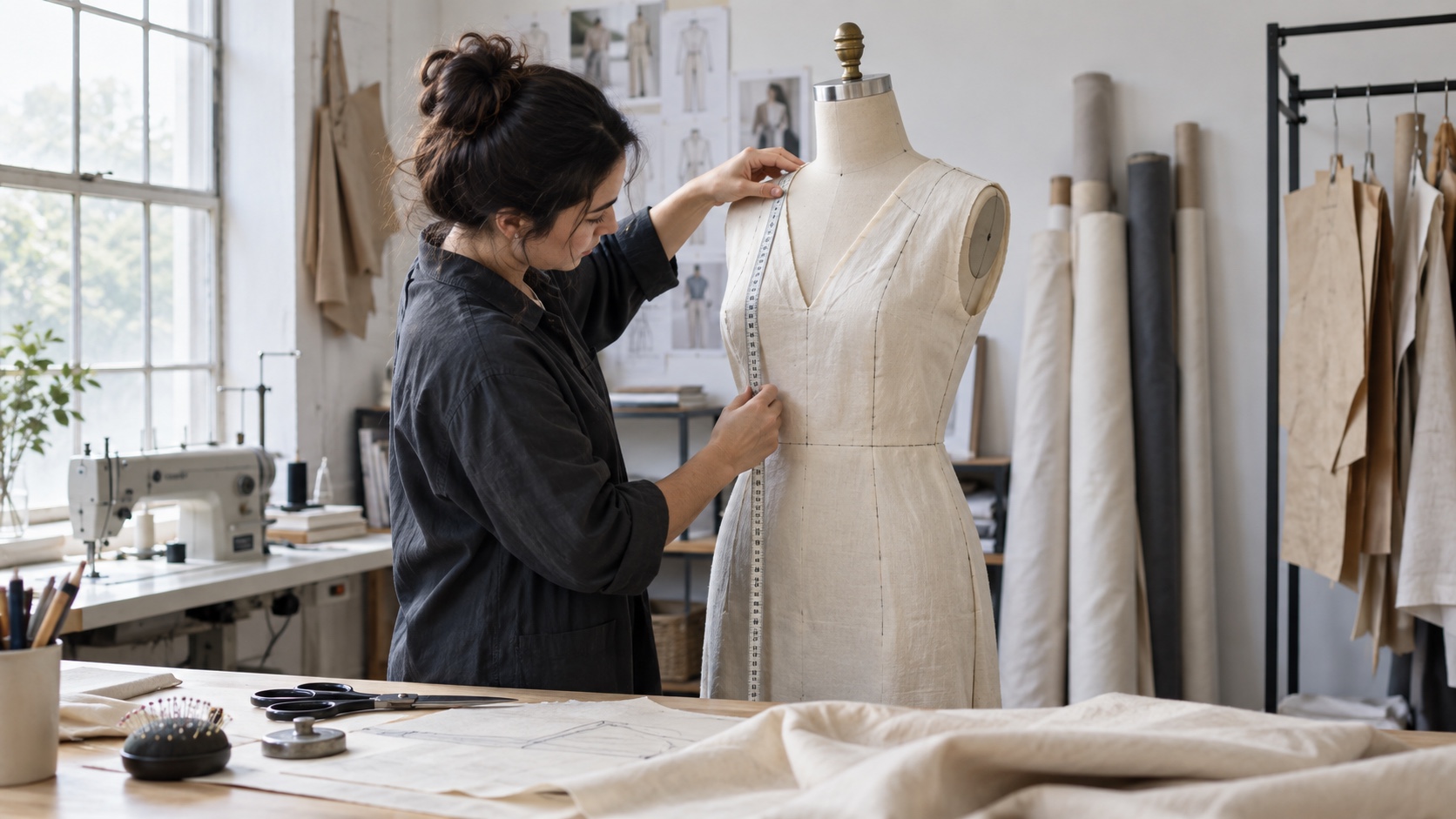 Fashion technician measuring an unbranded sample garment on a dress form in a design studio.