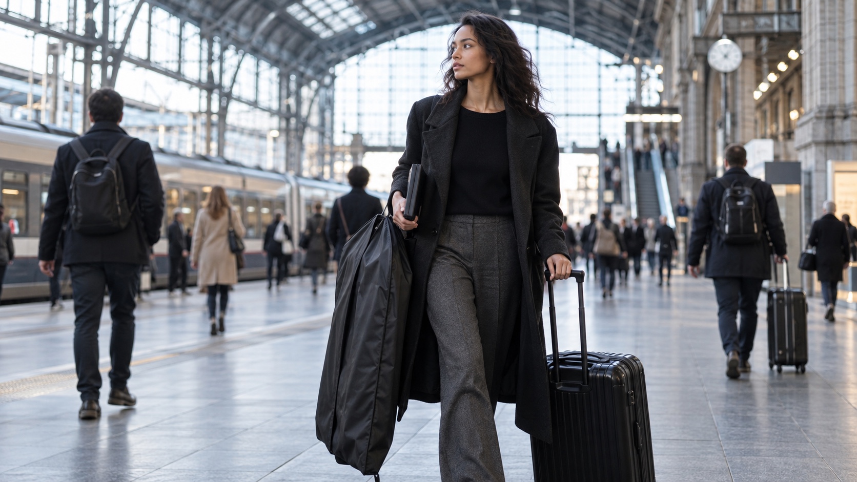Adult model walking through a train station with a rolling suitcase and portfolio case.