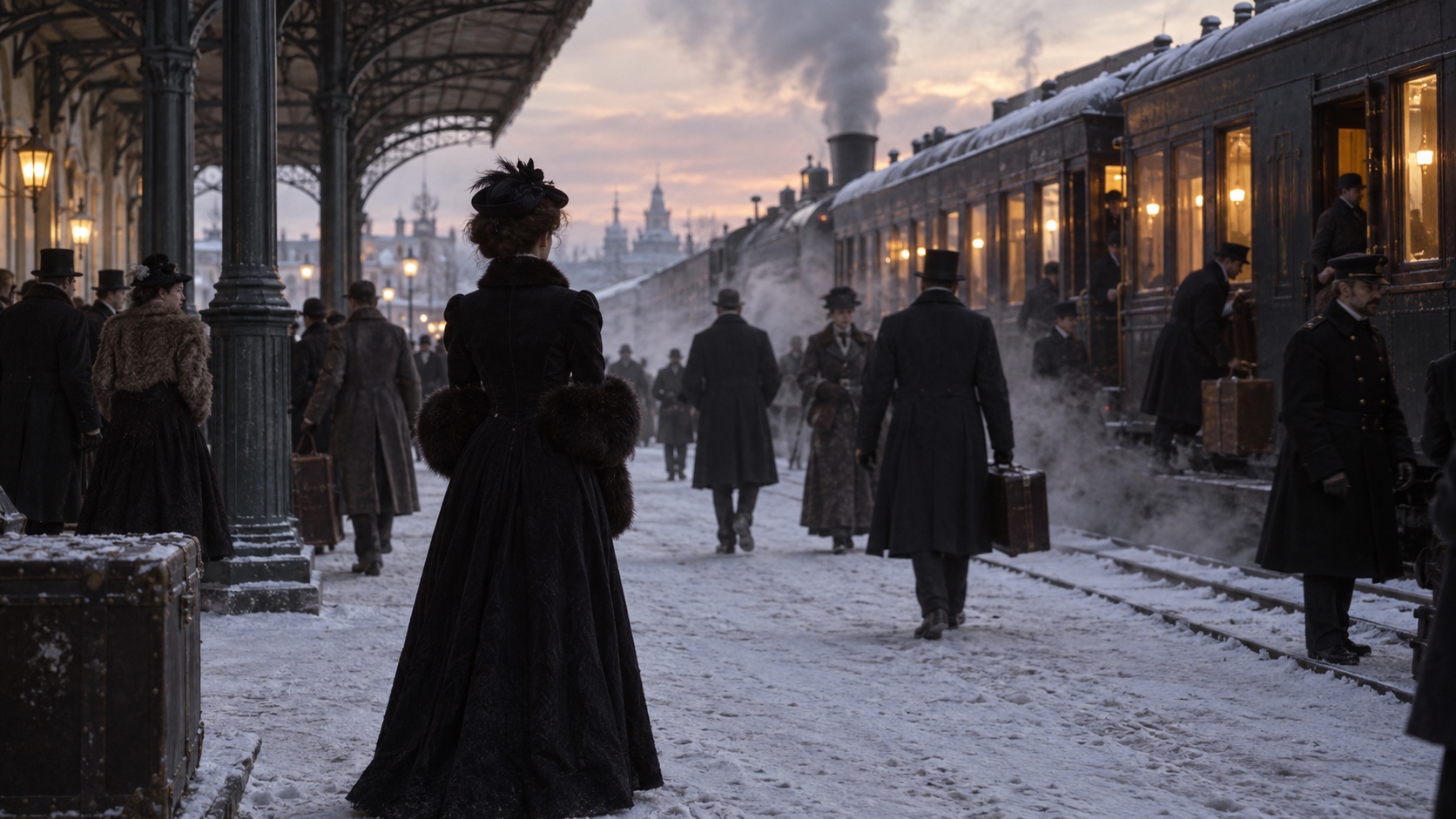 Woman in a dark nineteenth-century coat standing apart from travelers on a snowy Russian railway platform.