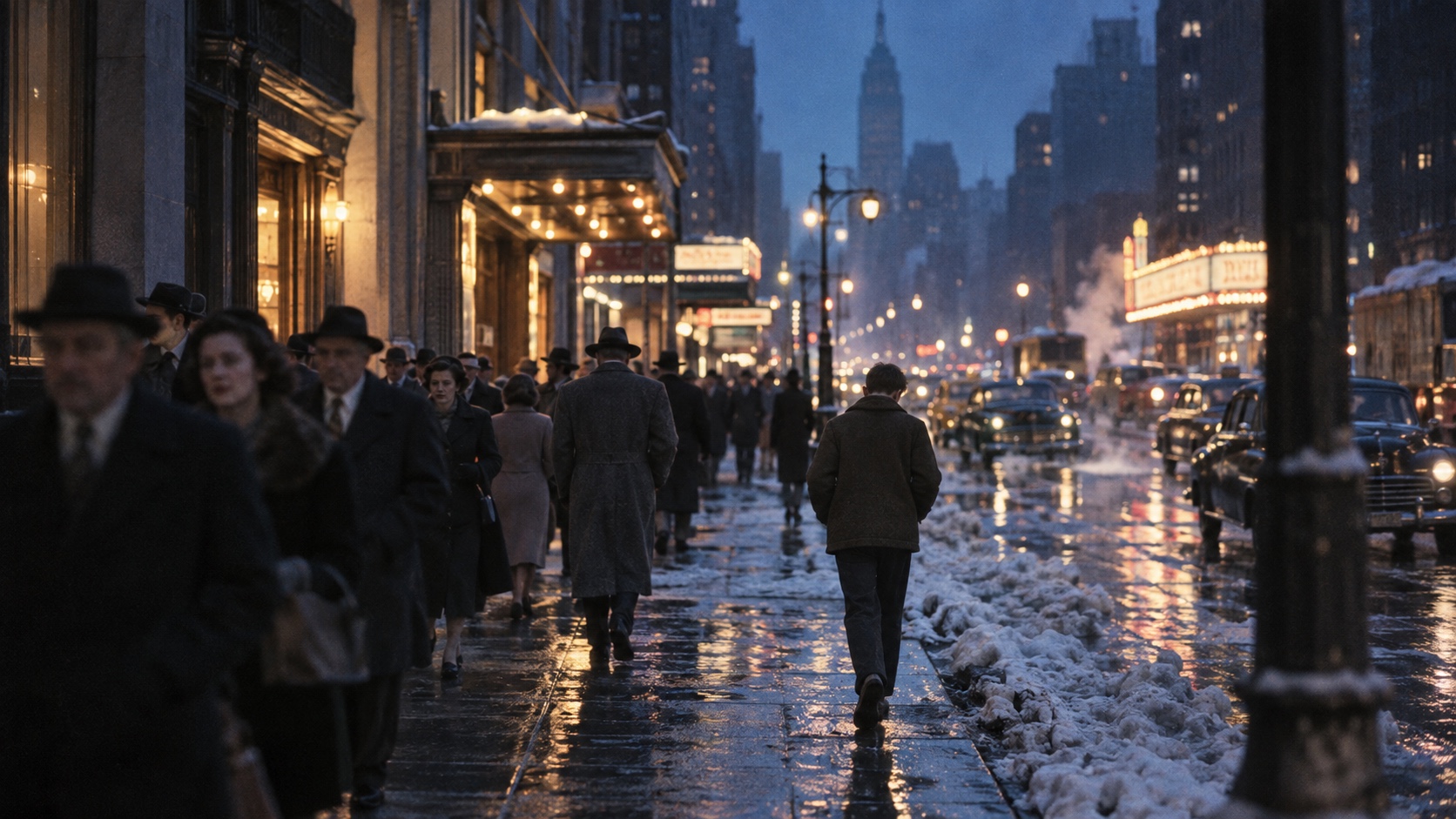 Solitary teenage figure walking through a crowded 1950s Manhattan street on a wet winter evening.