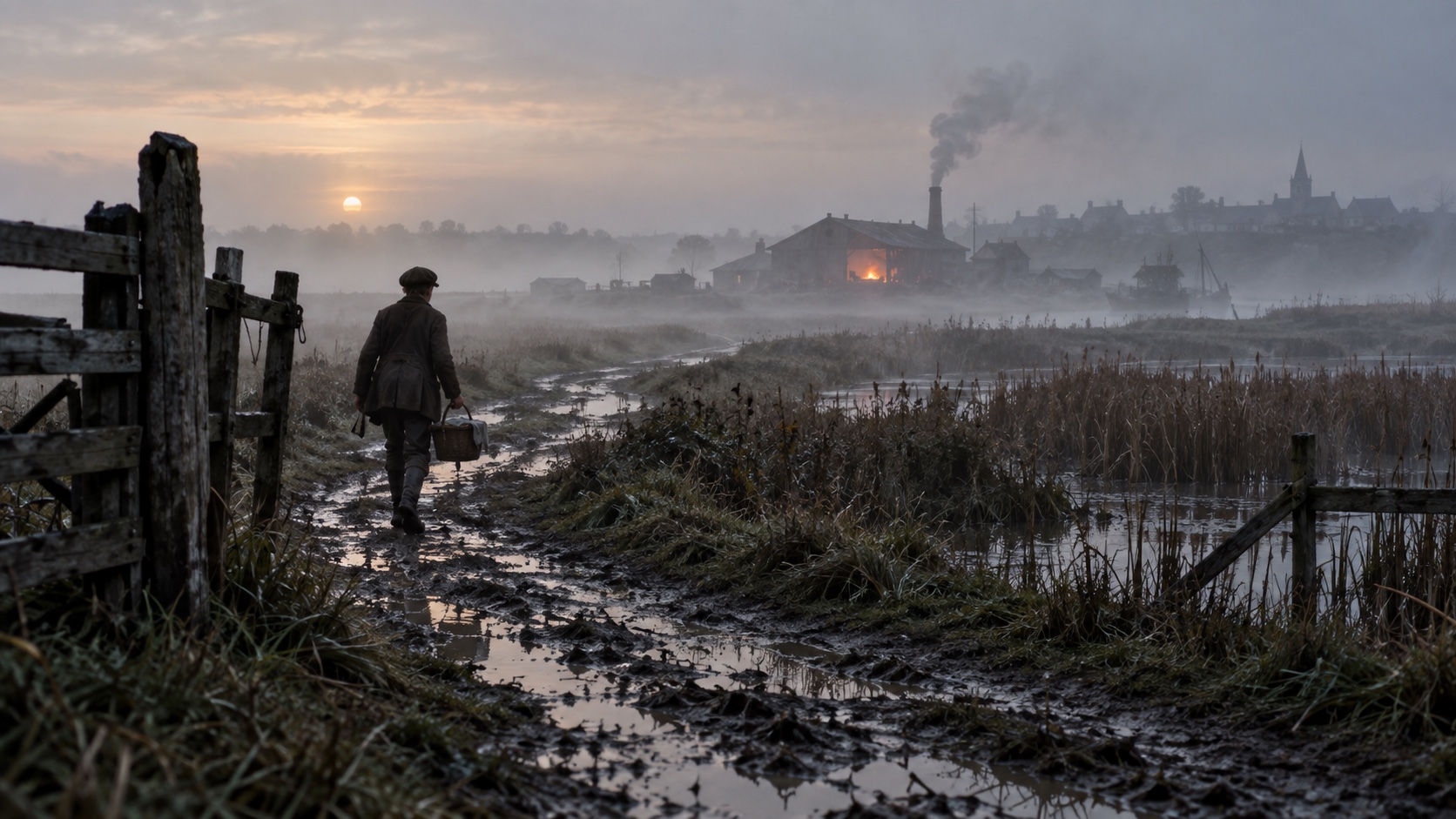 Young figure carrying a covered basket along a muddy path across foggy Kent marshes toward a distant forge.