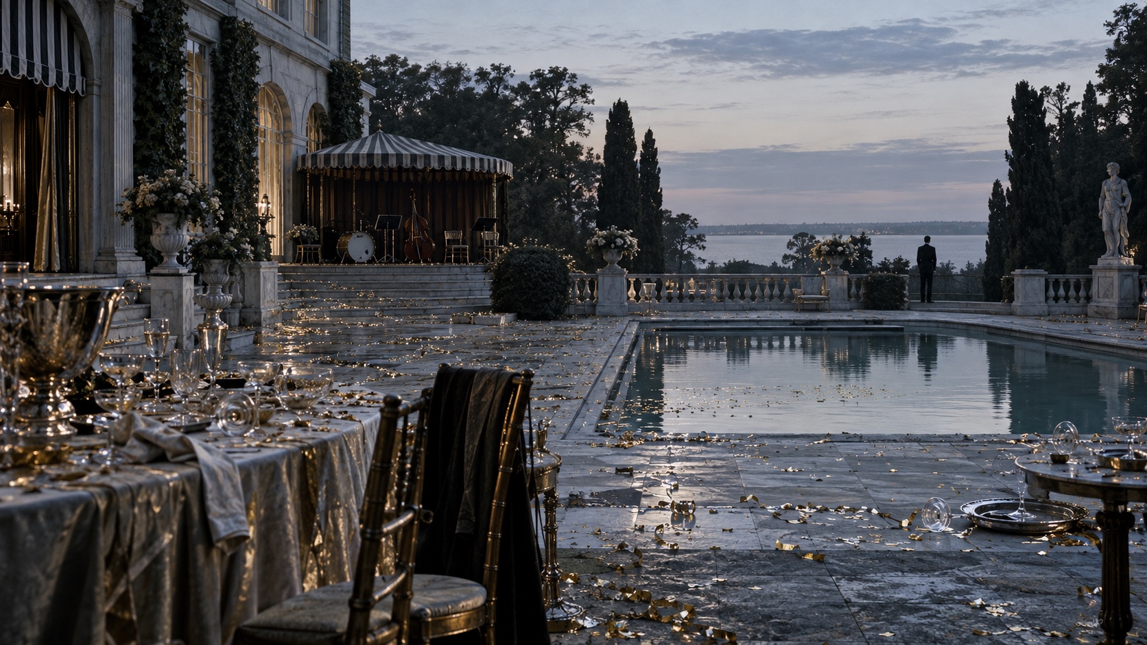 Empty 1920s estate terrace and still pool at dawn after an extravagant party, with one distant figure.