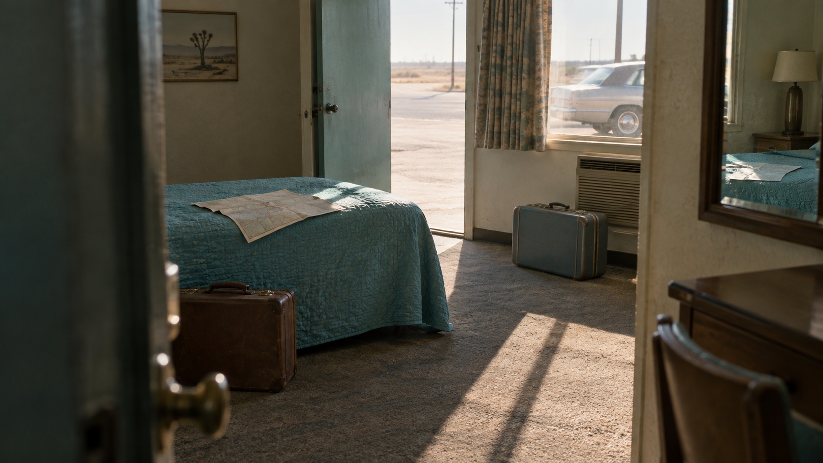 Empty mid-century motel room with two separated suitcases, a folded road map, and a car outside.