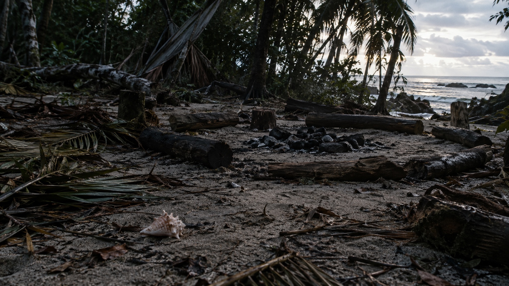 Abandoned island meeting place with a cold fire pit, rough log circle, storm debris, and a pale shell.