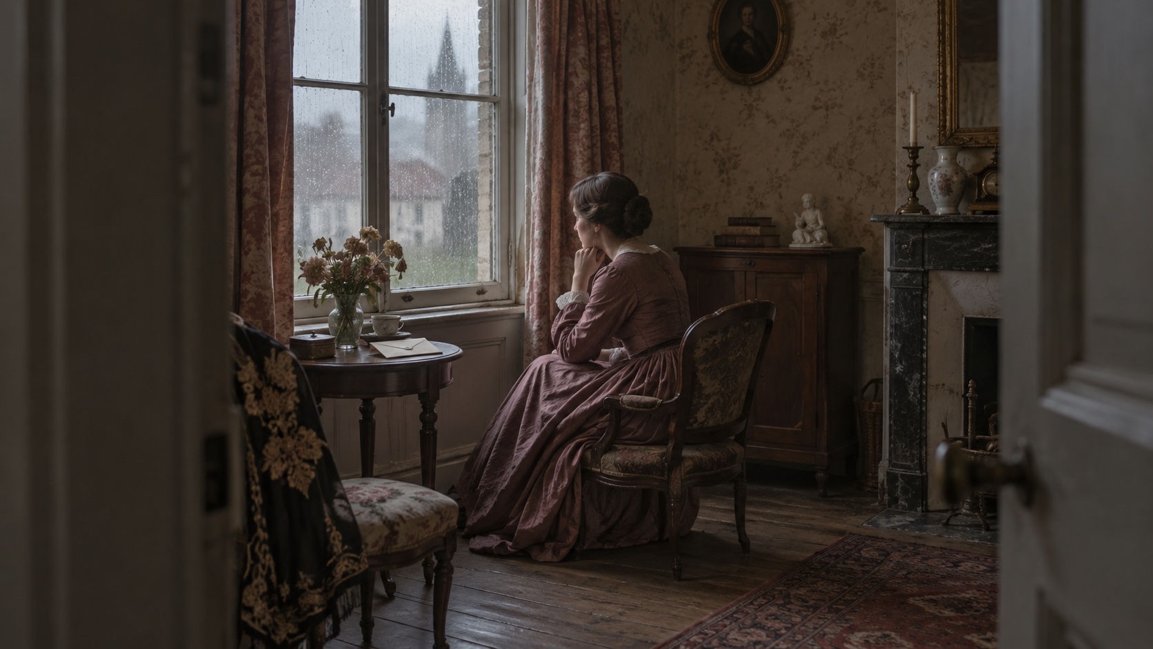 Woman seated beside a rain-streaked window in a restrained 1850s provincial French parlor.