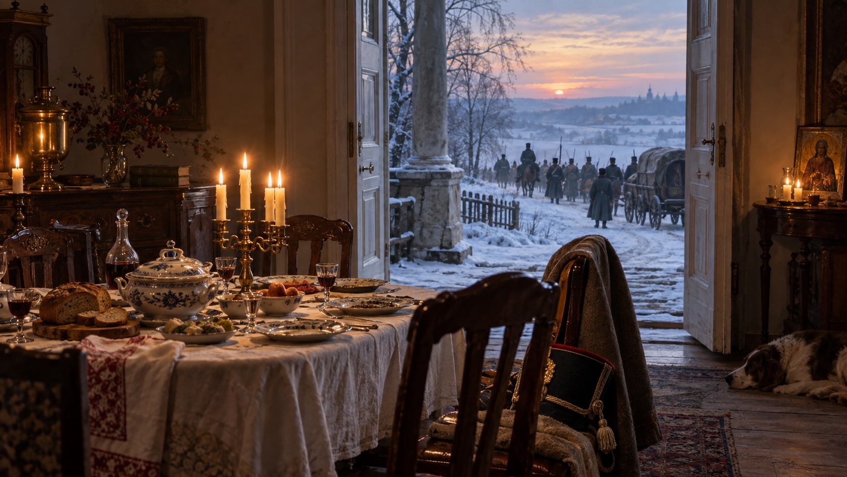Candlelit Russian dining room opening onto a snowy road where soldiers and wagons pass in the distance.