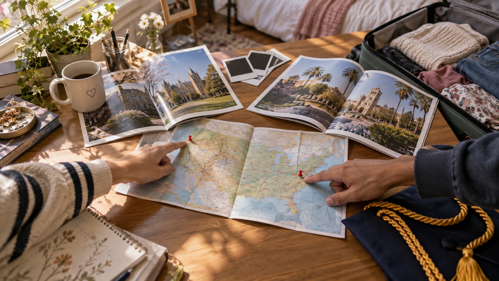 Two students compare distant college choices on a map beside a half-packed suitcase and graduation cord.