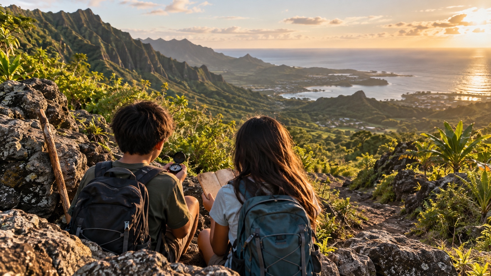 Two young hikers use a compass and blank journal on an Oahu trail overlooking the ocean.