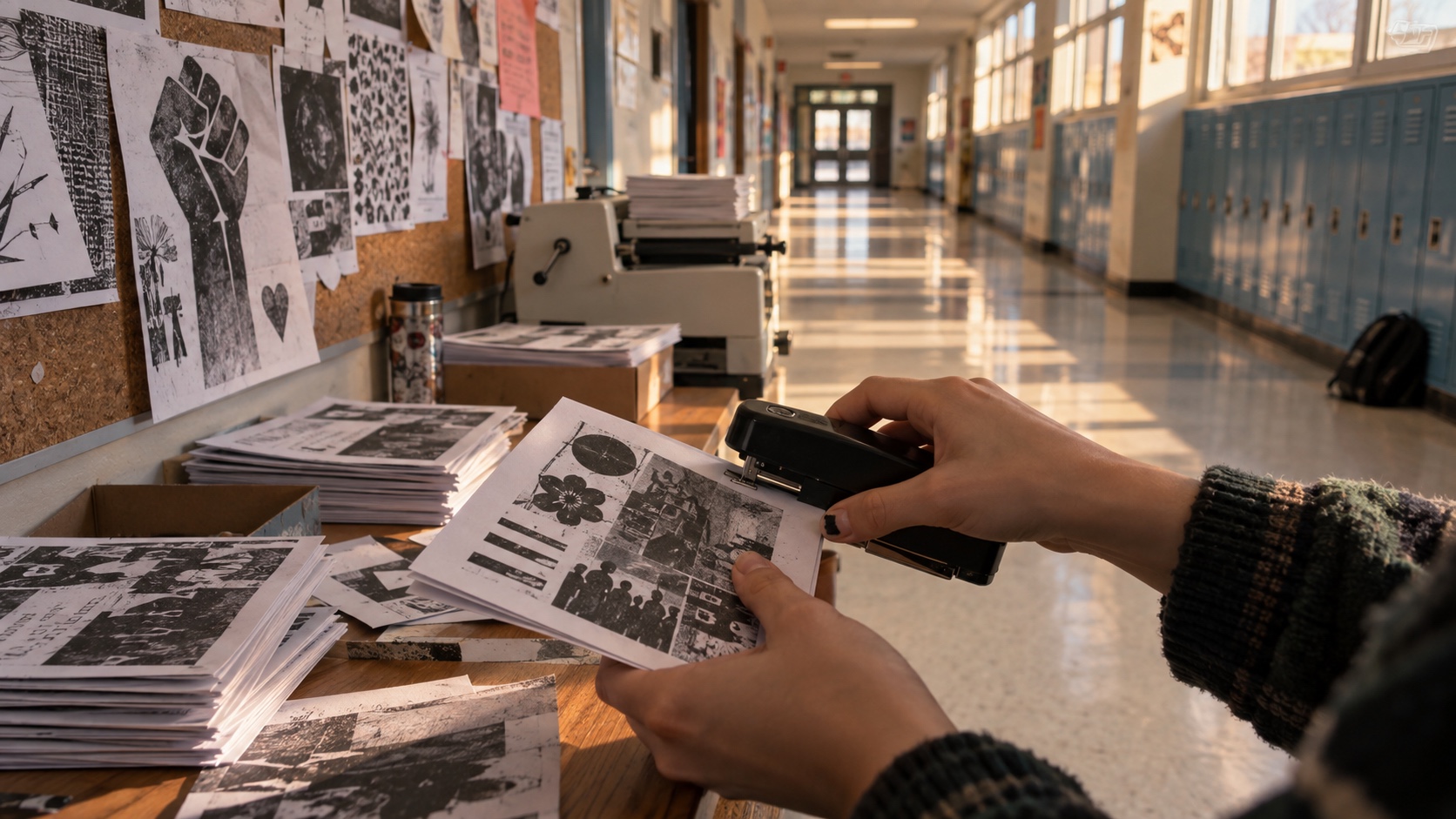 Student hands staple an anonymous black-and-white zine in an empty sunlit school hallway.
