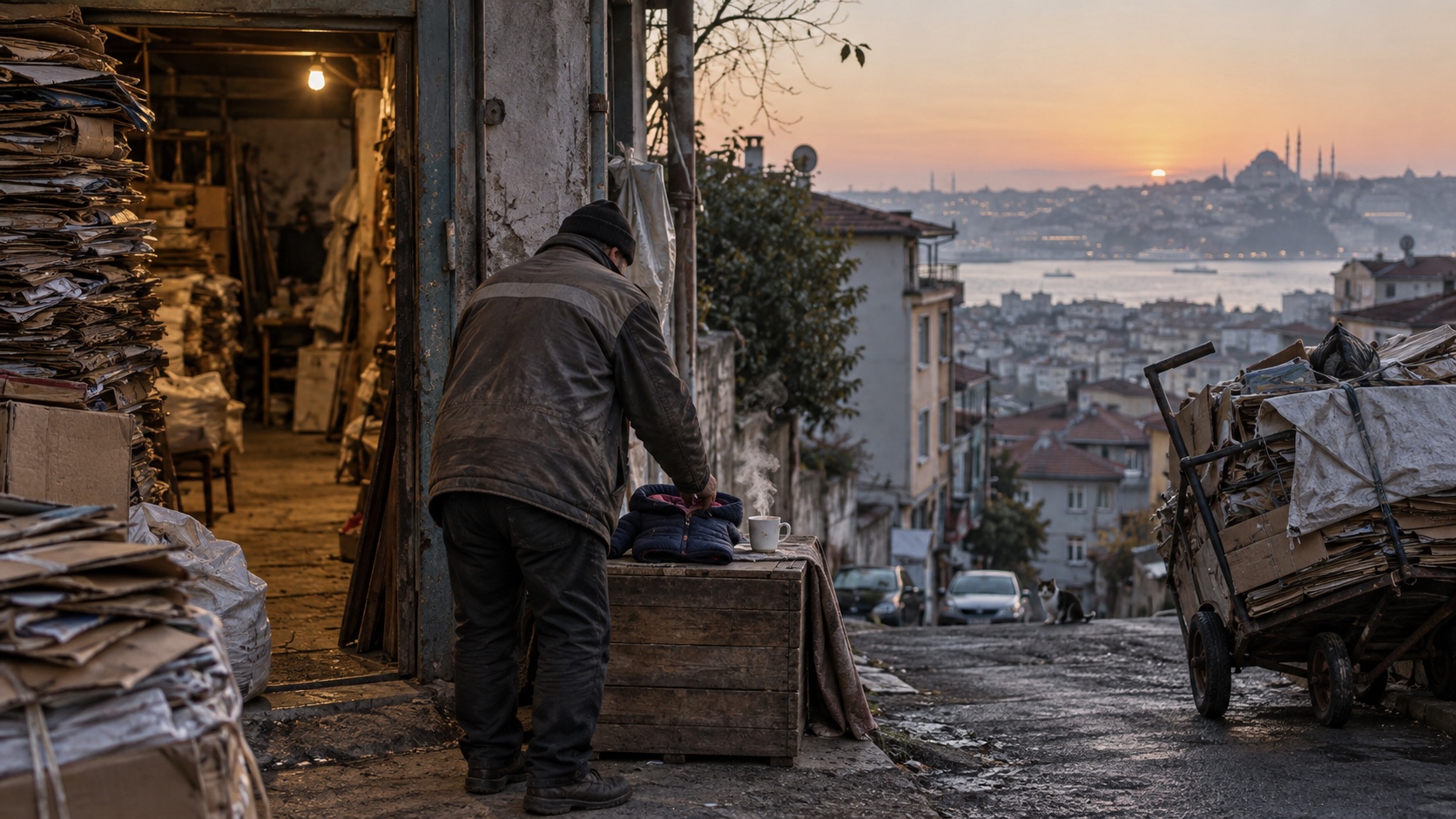 Recycling worker leaves a child's folded jacket and warm cup outside a paper warehouse on an Istanbul hillside.