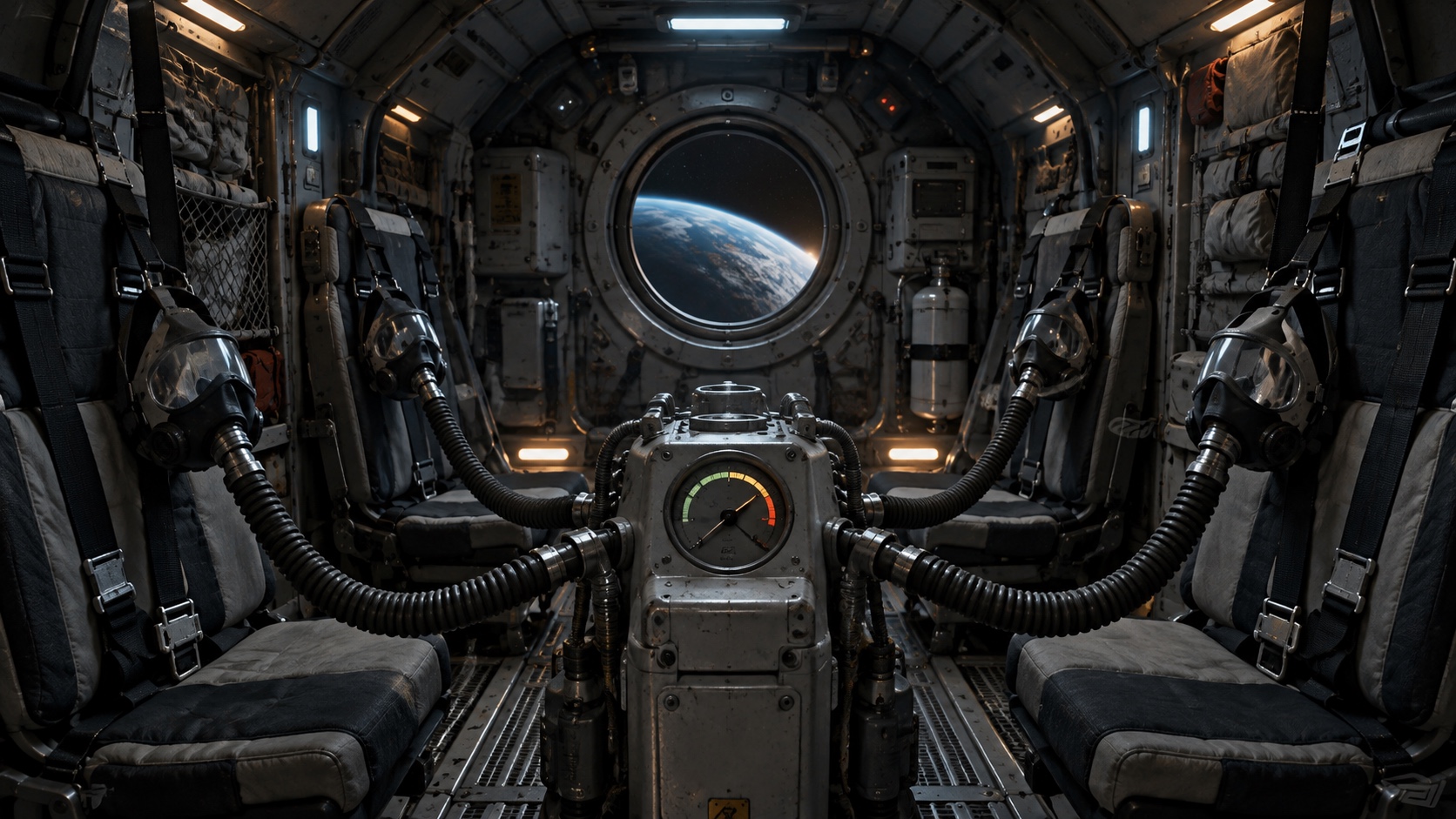 Four empty spacecraft seats connected to a central life-support unit as Earth recedes outside.