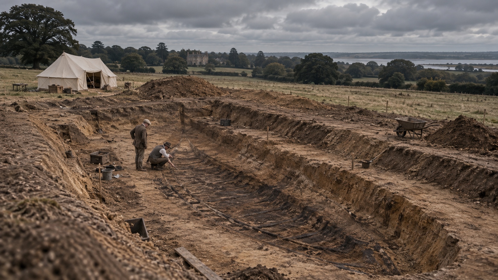 Wide view of a 1930s archaeological trench cut through a burial mound in the English countryside.