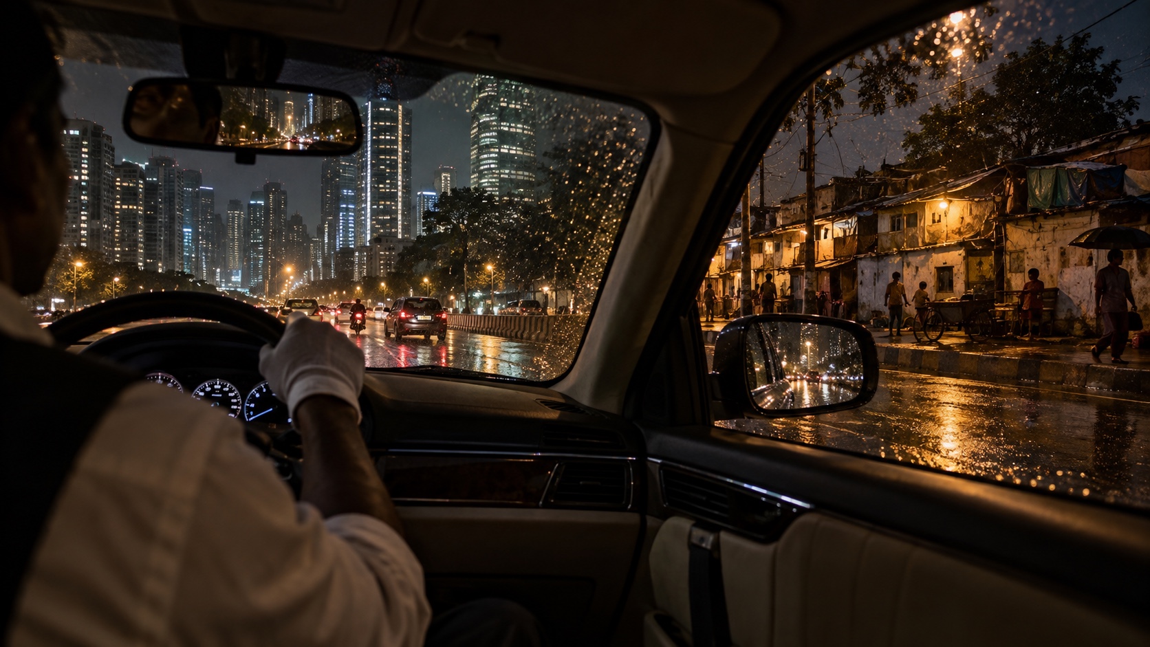 Chauffeur's view through a rain-covered windshield toward sharply divided city neighborhoods at night.