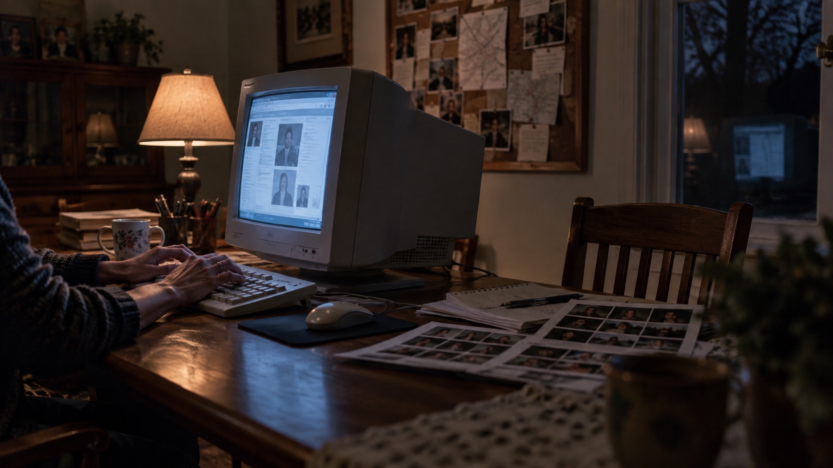 Woman uses an early-2000s desktop computer beside printed contact sheets and an investigation board.