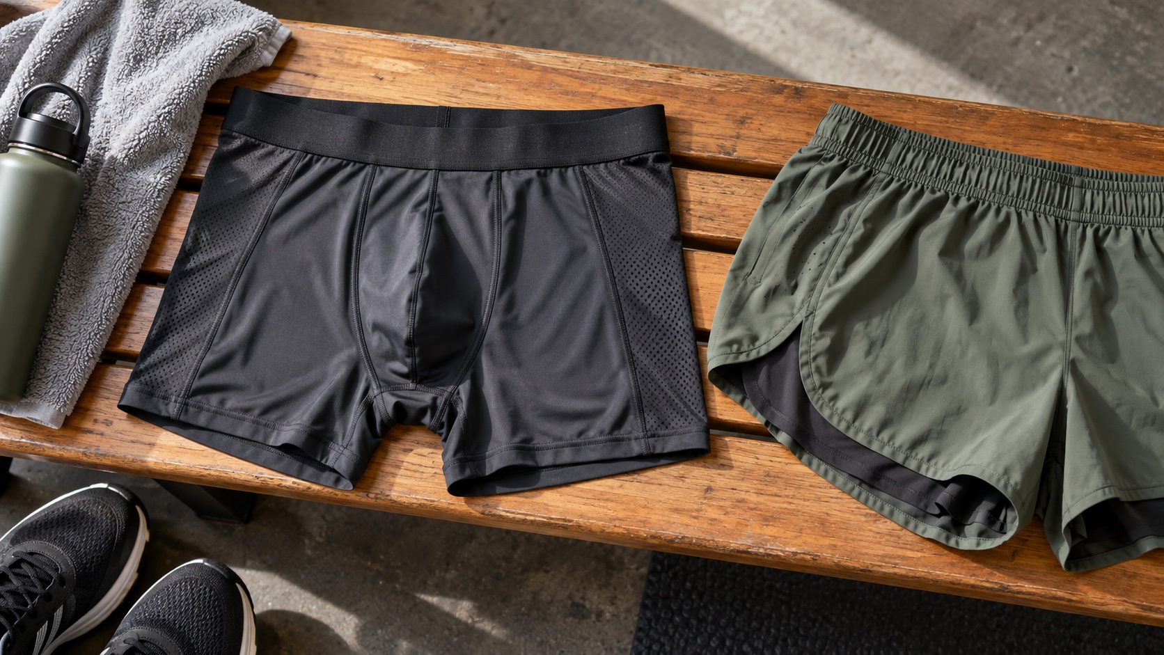 Unbranded nylon boxer briefs arranged with running shorts, shoes, a towel, and a water bottle.