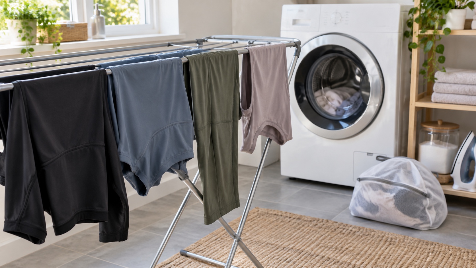 Dark and neutral nylon garments air-drying on a rack beside a washing machine and mesh laundry bag.