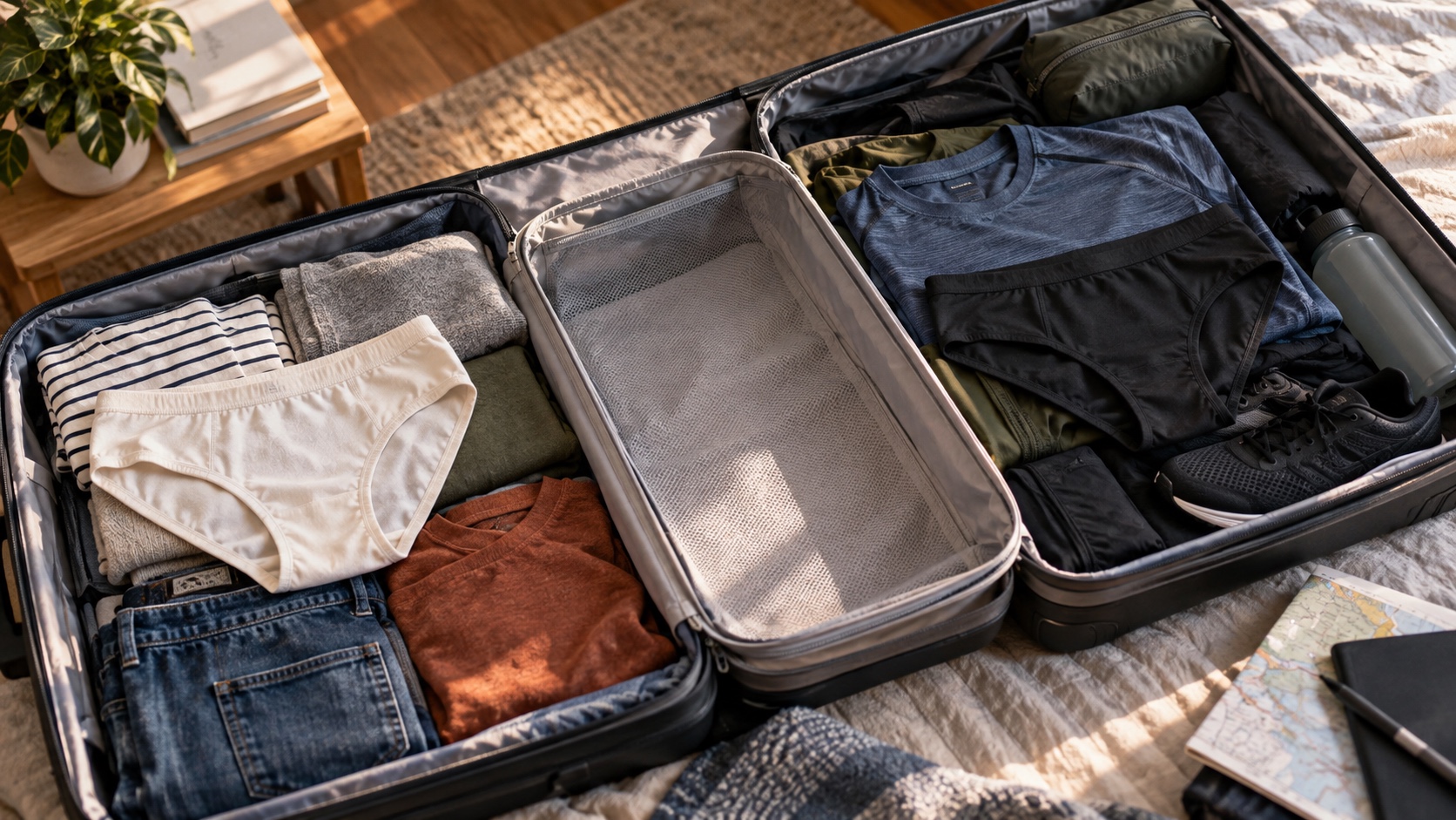 Open suitcase organized with cotton underwear for everyday wear and nylon underwear beside active travel gear.