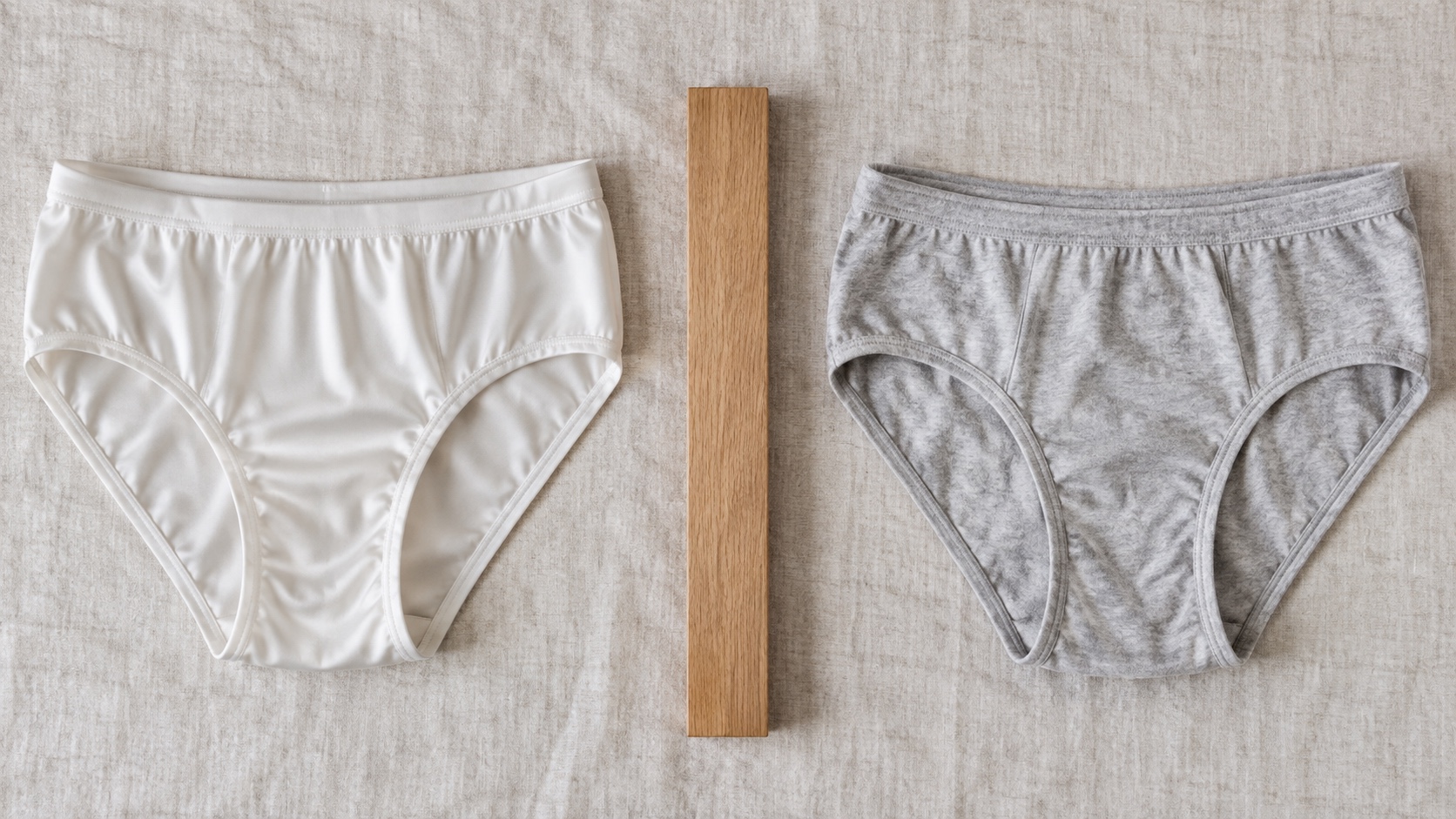 White nylon briefs and gray cotton briefs arranged in the same overhead comparison.