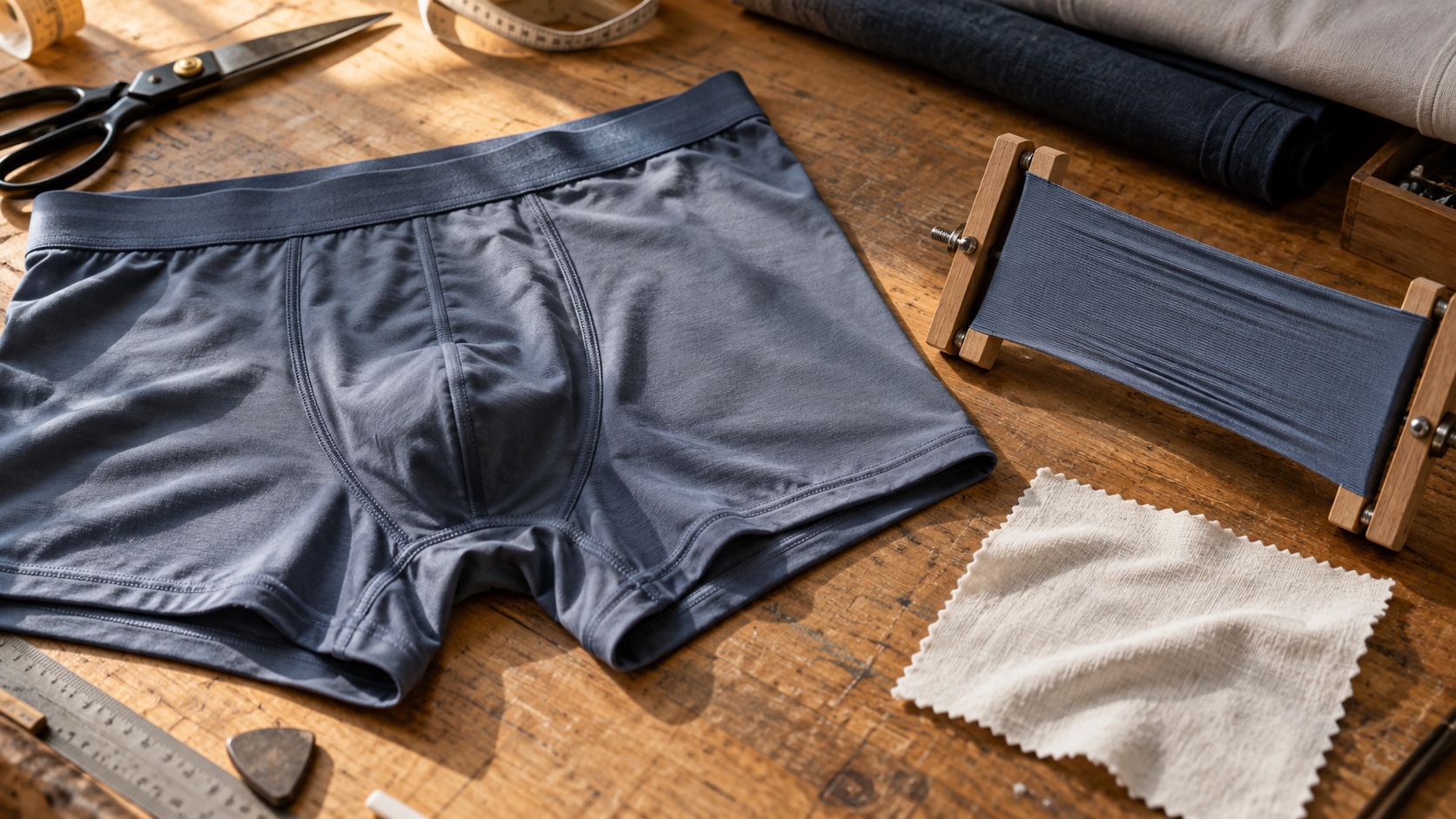 Navy nylon-spandex boxer briefs and stretched knit swatches on a tailor's wooden worktable.