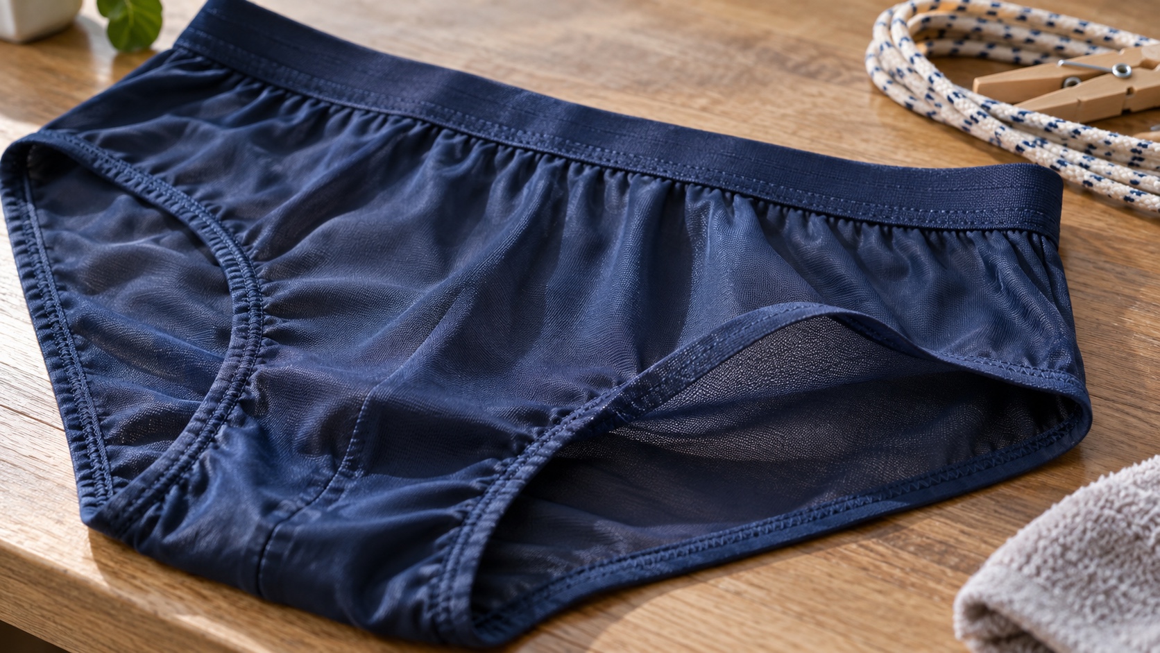 Close view of smooth navy nylon underwear showing its fine knit, waistband, and lightweight fabric.