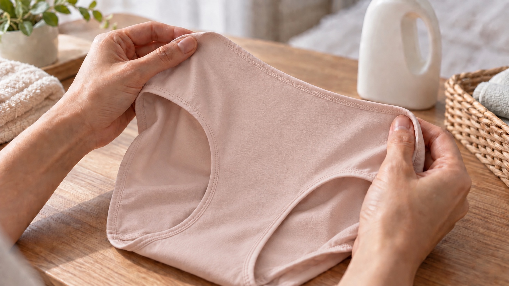 Hands inspecting the flat seams and white cotton lining inside pale pink underwear.
