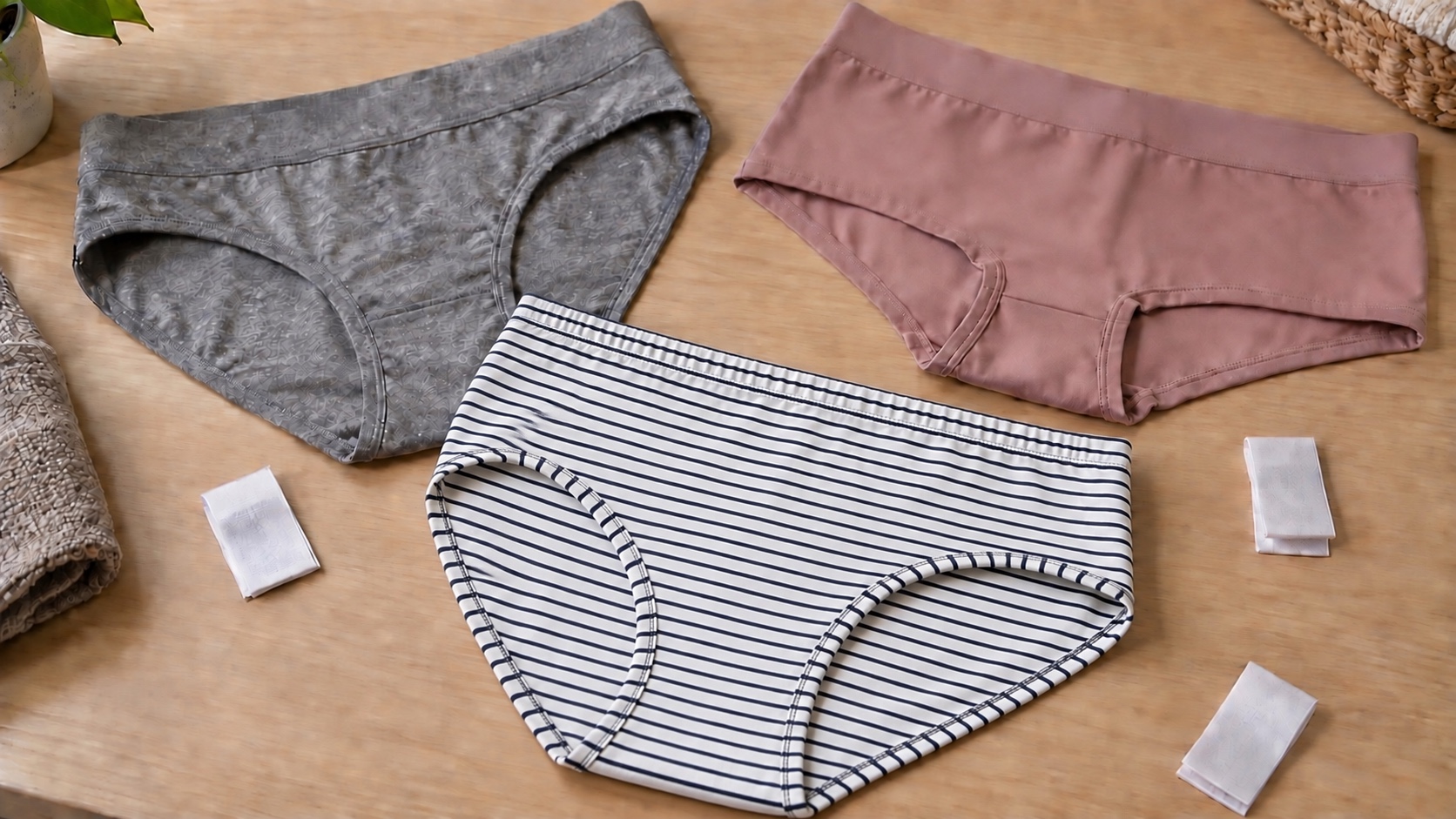 Three unbranded underwear styles arranged to compare waistbands, seams, cuts, and lining.