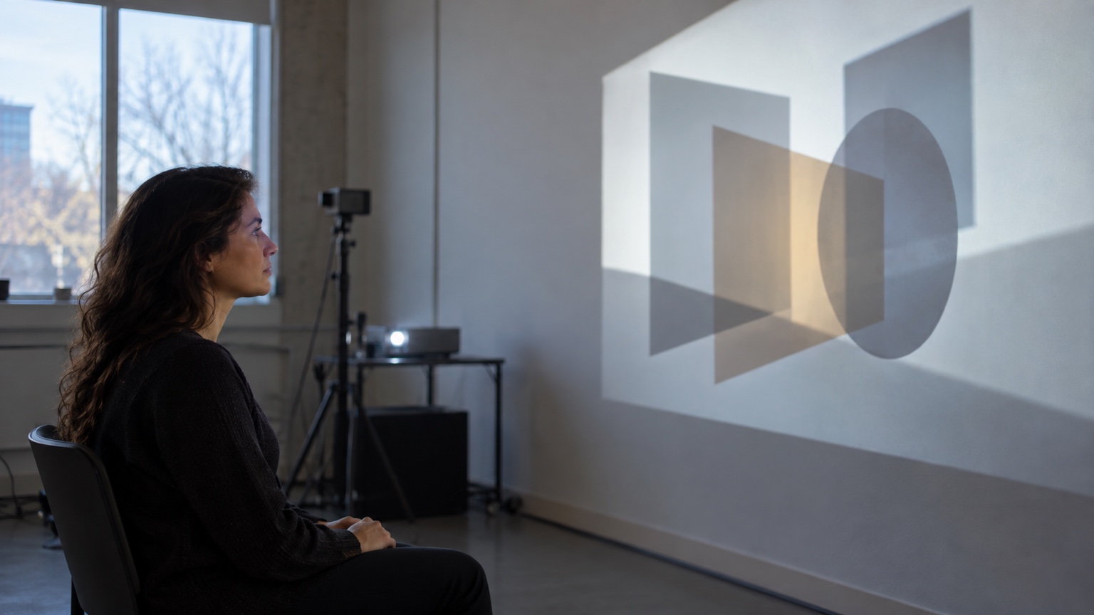 Observer watching layered geometric shadows in a quiet visual-perception laboratory.