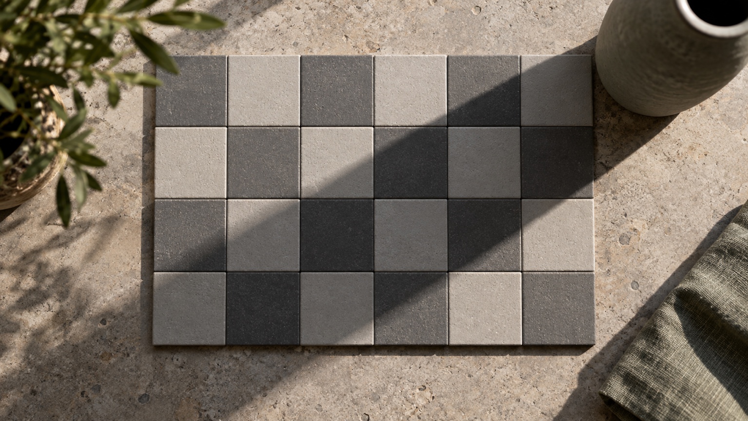 Gray ceramic checkerboard crossed by a soft vase shadow in afternoon light.