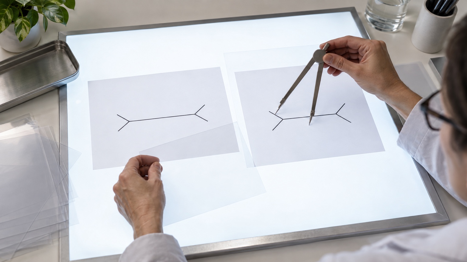 Researcher measuring simple line arrangements with unmarked dividers and transparent overlays on a light table.