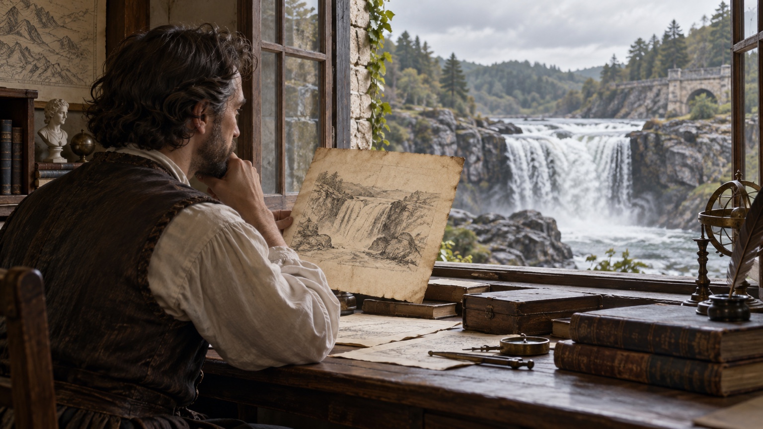 Scholar comparing an aged waterfall sketch with flowing water visible through a nearby window.
