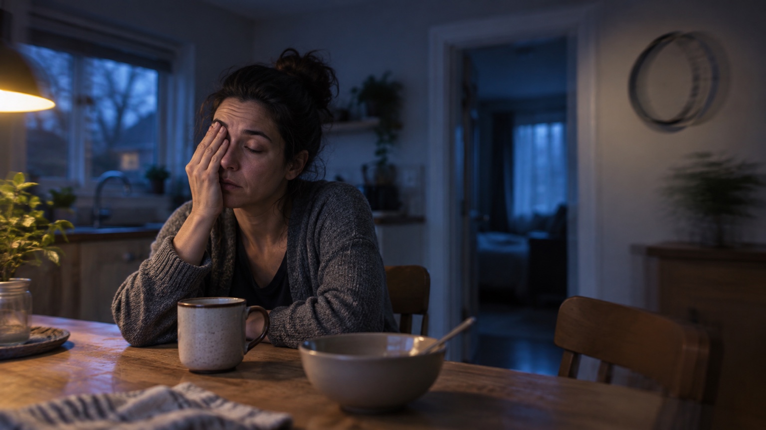 Tired adult resting at a kitchen table before dawn as the room edges blur softly.