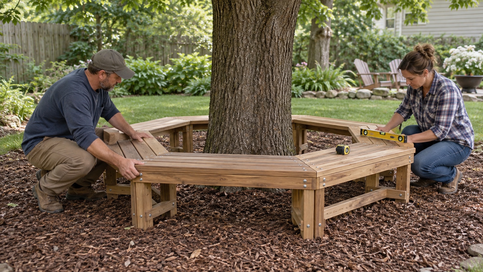 Two adults dry-fit a freestanding wooden bench around a mature tree without attaching hardware to the trunk.