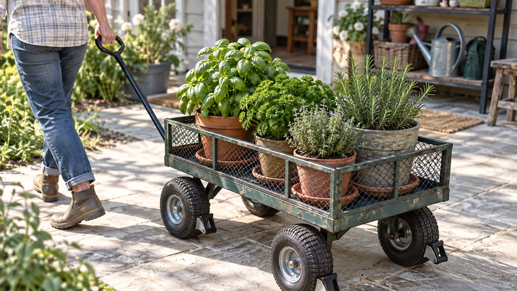 A gardener rolls basil, parsley, thyme, and rosemary in separate drained pots on a weathered metal wagon.