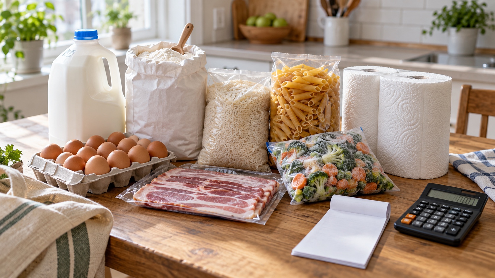 Milk, eggs, flour, rice, pasta, bacon, frozen vegetables, and paper goods arranged beside a calculator and blank receipt.