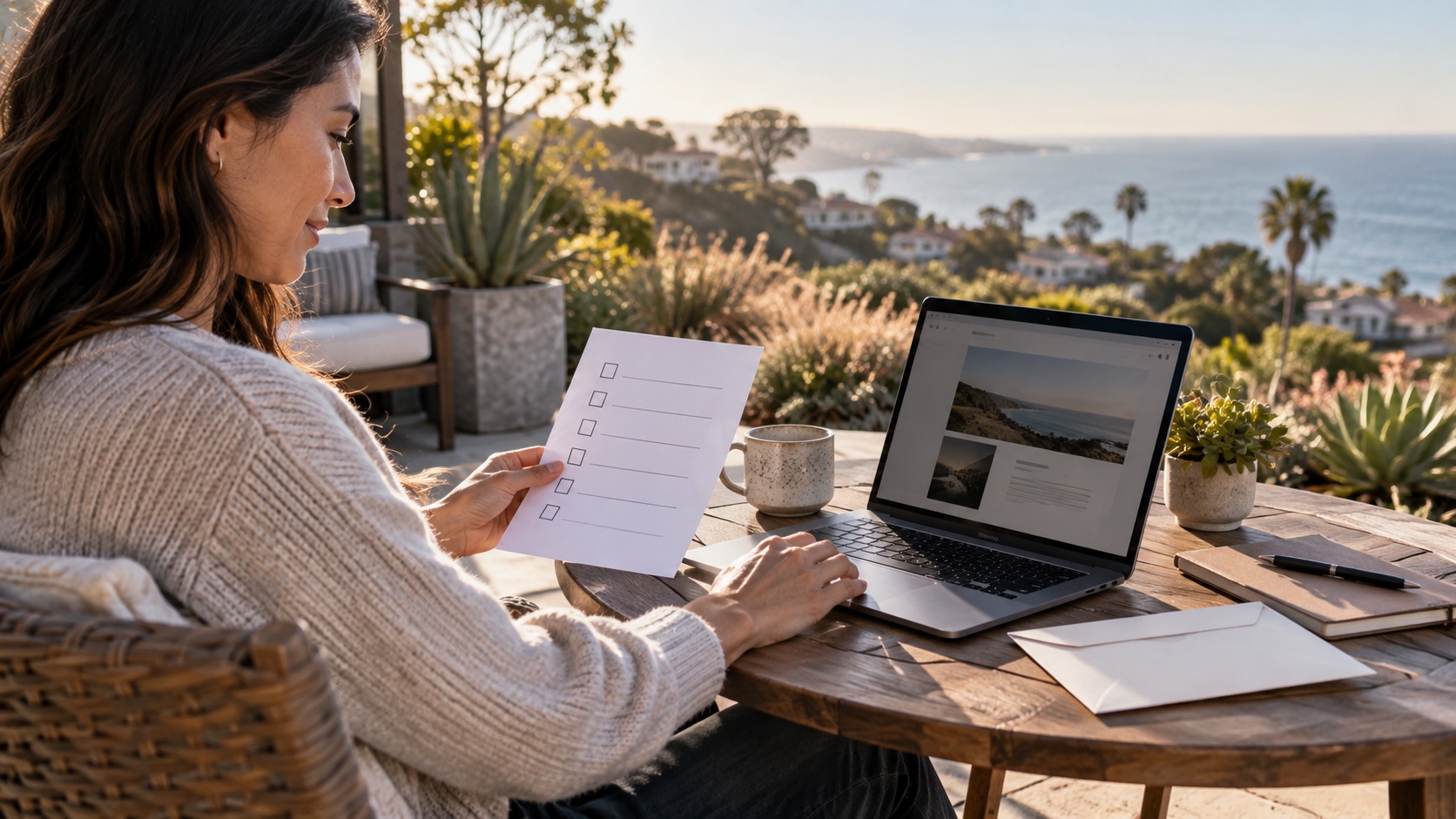 California resident reviewing a blank privacy-request checklist at a sunny patio table.