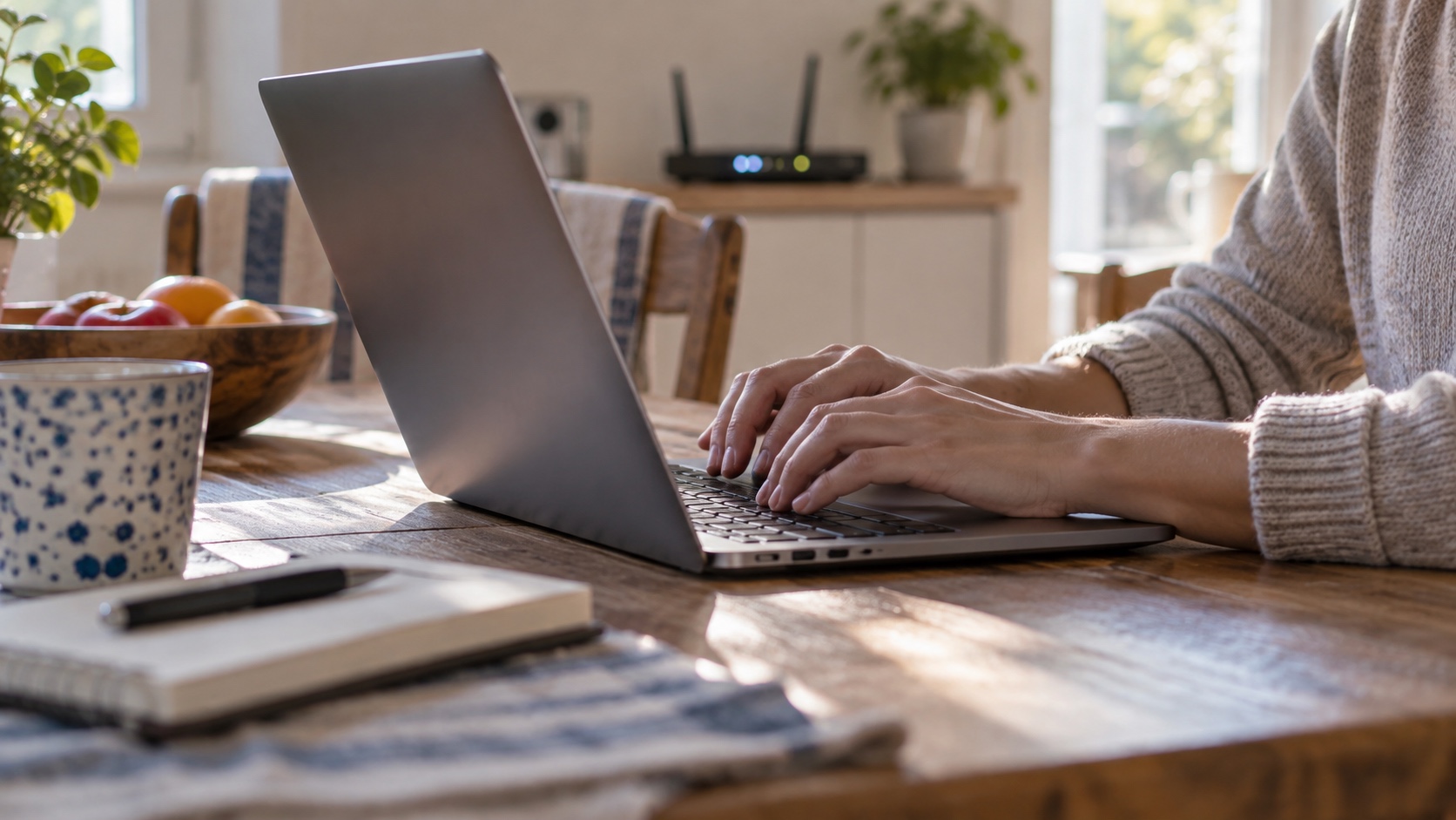 Person typing on an unbranded laptop while a home router sits in the background.