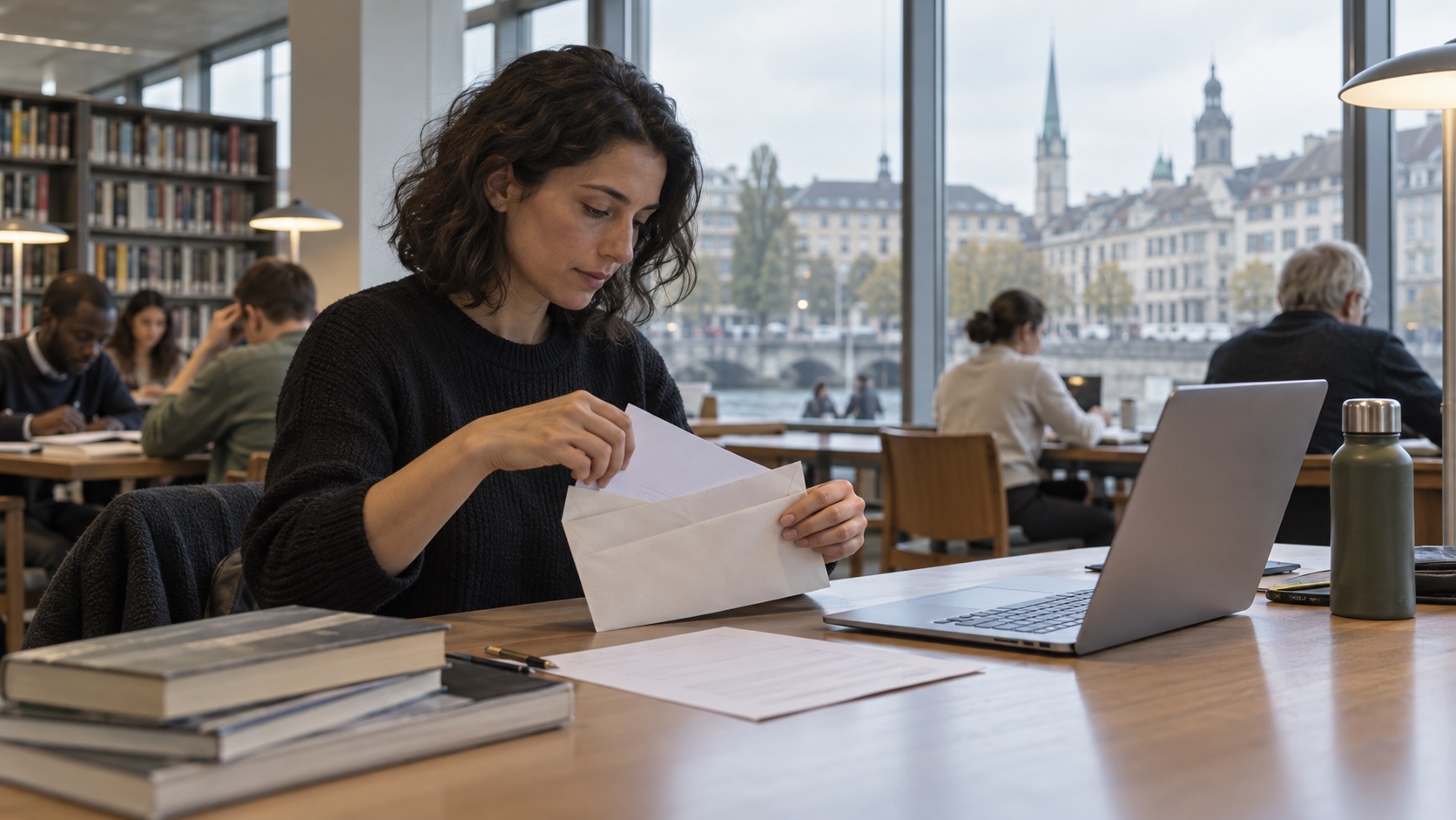 Library visitor placing a blank data-request form into an envelope beside a laptop.