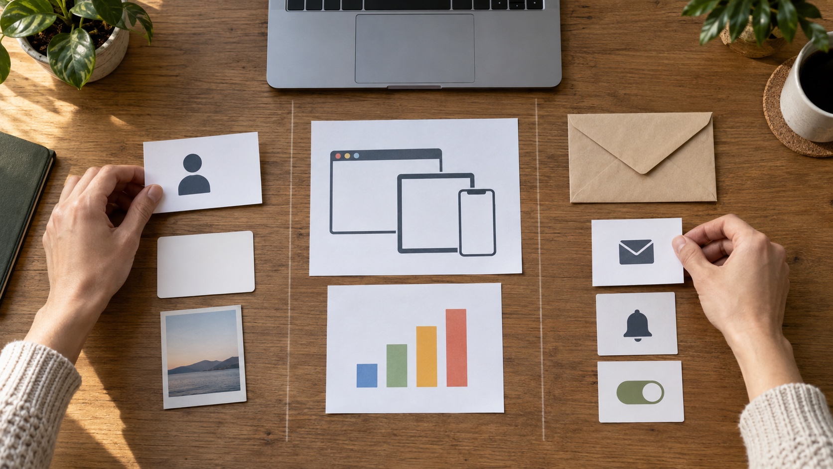 Hands sorting blank cards that represent contact details, devices, and communication preferences.