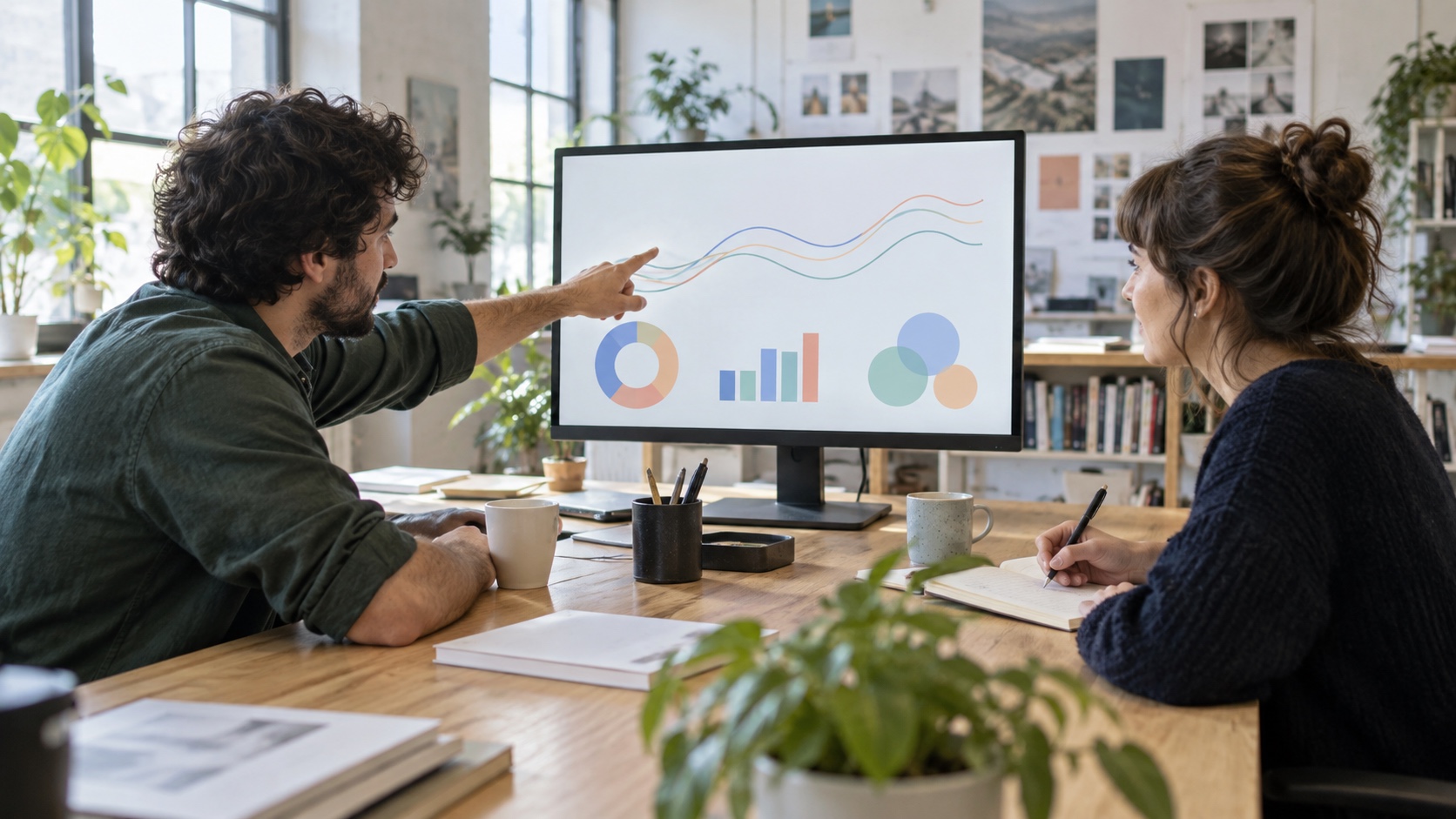 Two editors discussing anonymous audience patterns on an abstract, unlabeled display.