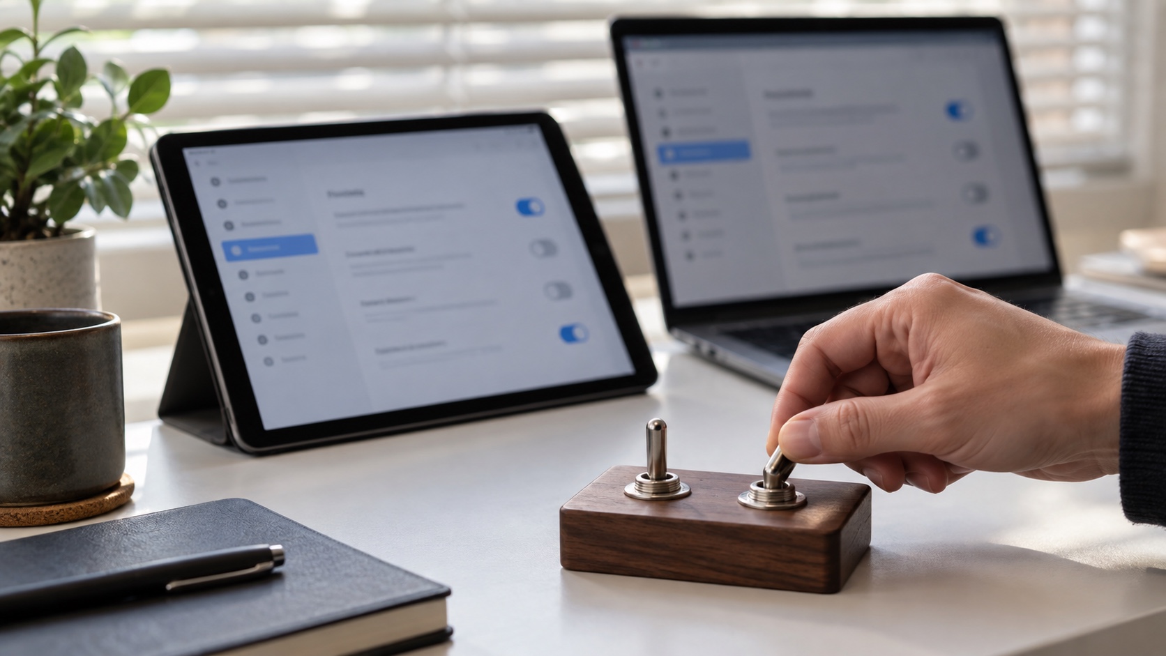 Hand switching off a physical toggle beside devices with blurred privacy settings screens.