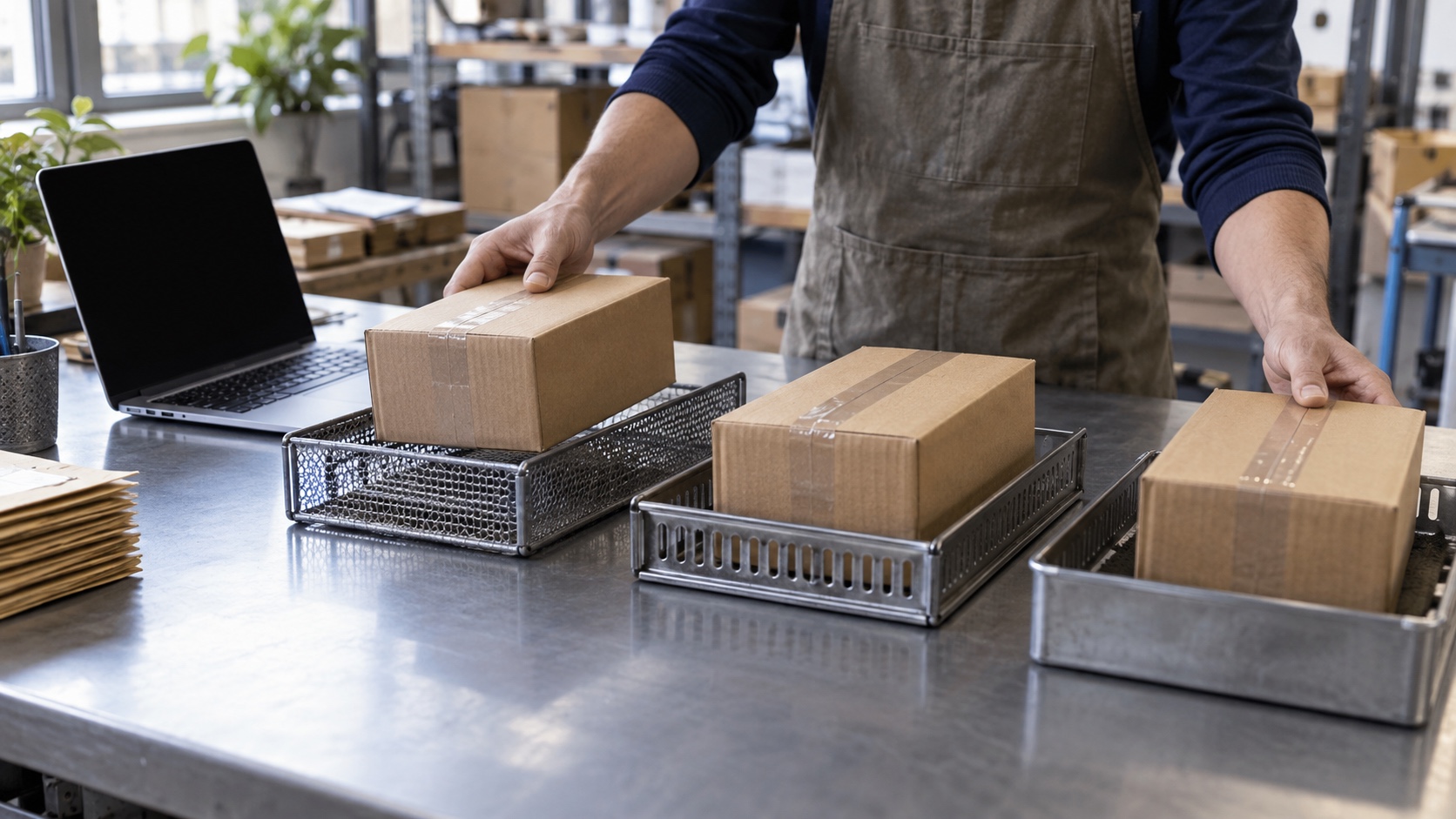 Worker routing three plain parcels into separate trays beside an unbranded laptop.