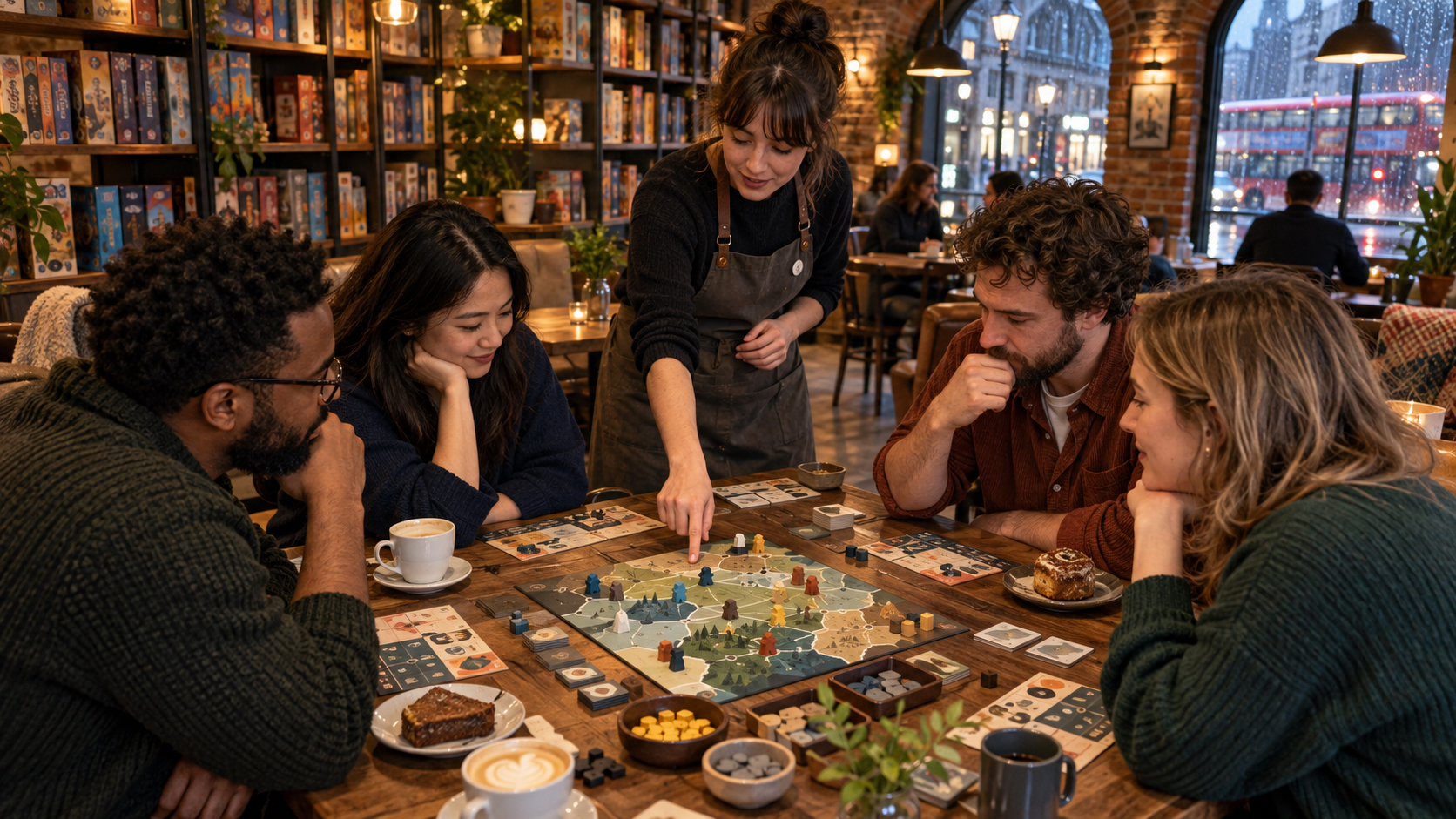 A cafe host explaining a fictional cooperative board game to four adults around a wooden table.