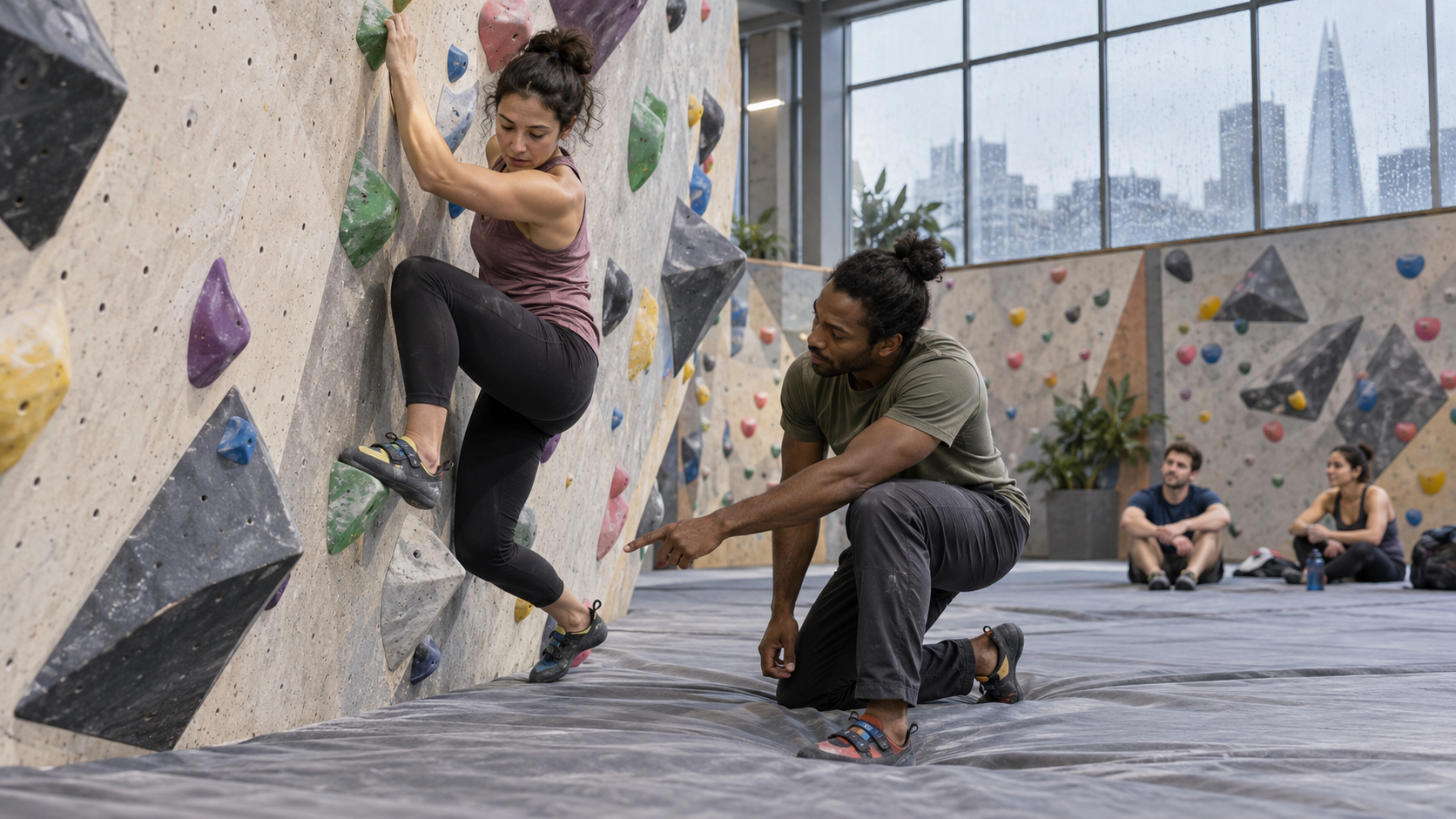 An adult beginner practicing foot placement on a low bouldering wall while an instructor guides from the mat.