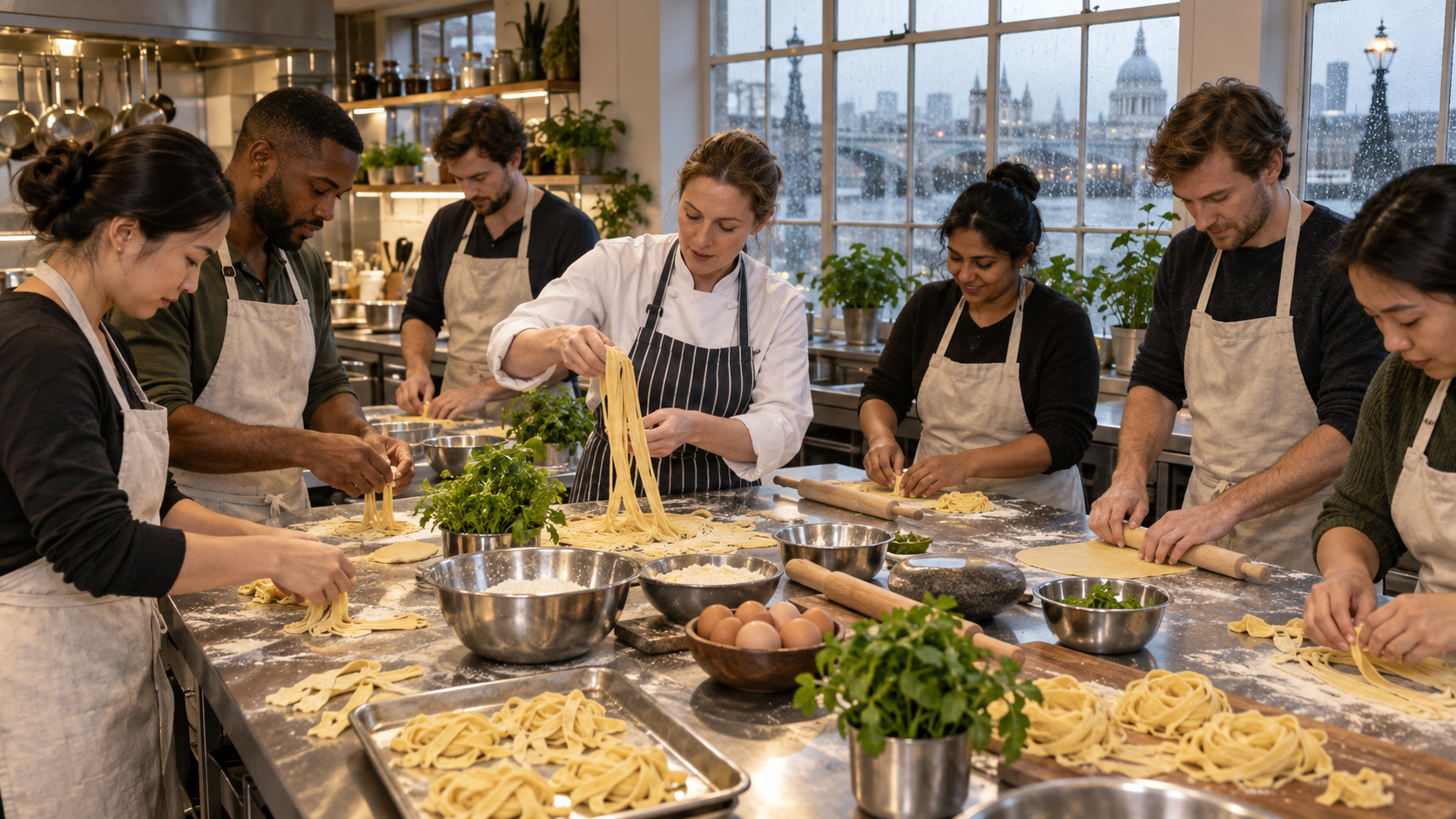 Adults shaping fresh pasta around a teaching counter as an instructor demonstrates technique in a London cook school.