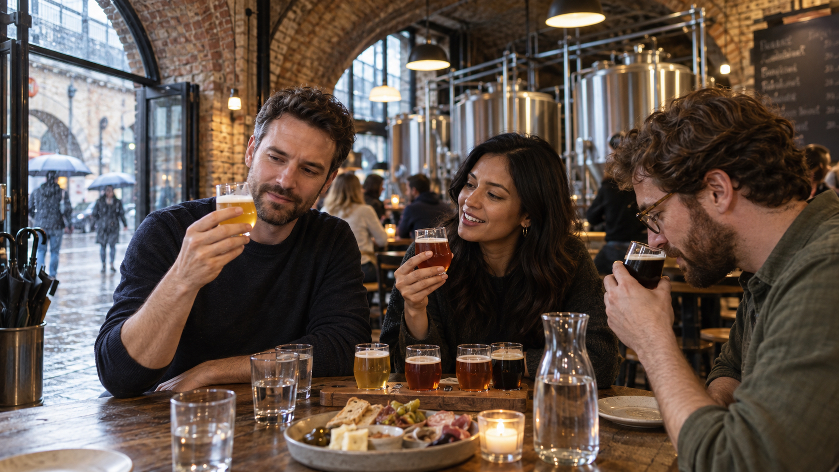 Three adults comparing small craft-beer pours inside a warm brick railway-arch taproom on a rainy afternoon.
