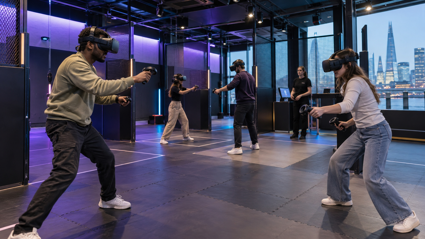 Four adults playing a cooperative virtual-reality game in separate bays inside a modern arcade.