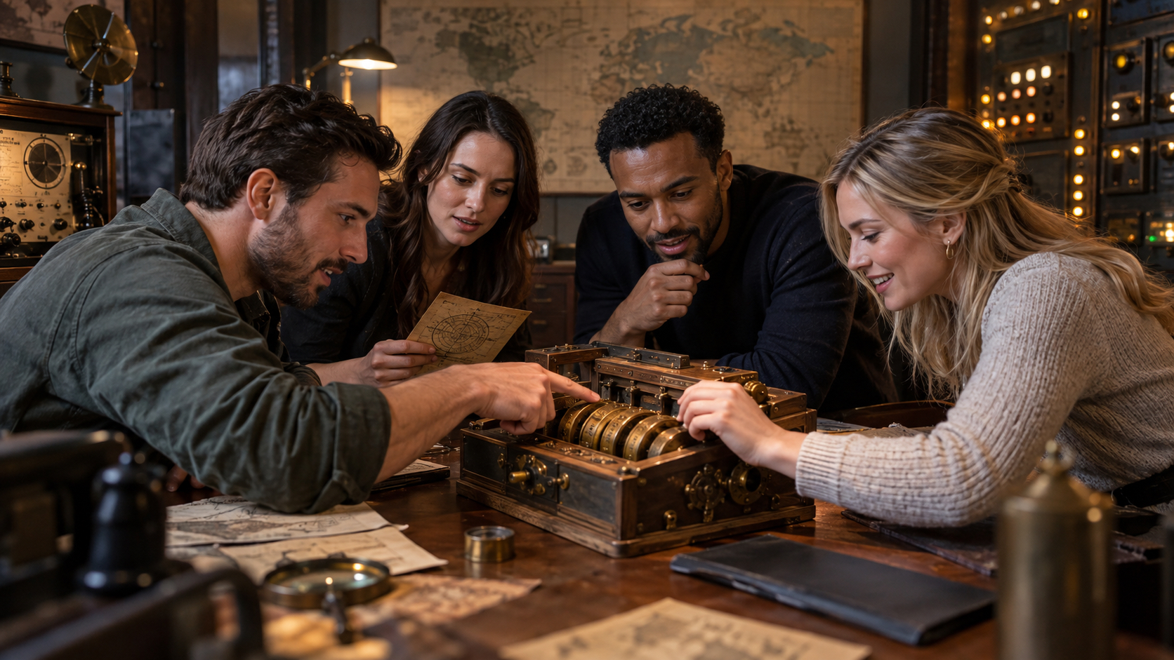Four adults collaborating over a brass mechanical puzzle in a fictional retro communications room.